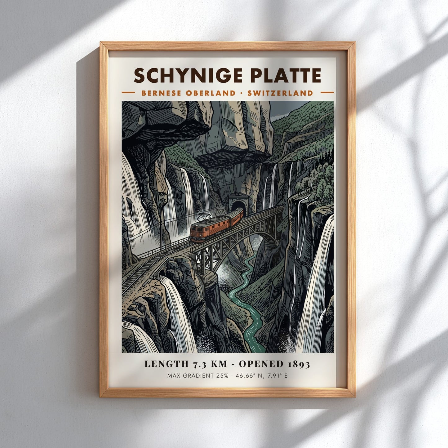 Poster of the Schynige Platte railway crossing a bridge in the Swiss Alps mountains.
