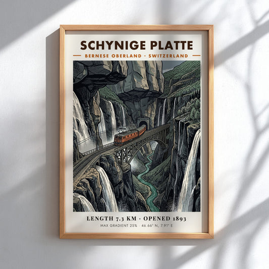 Poster of the Schynige Platte railway crossing a bridge in the Swiss Alps mountains.
