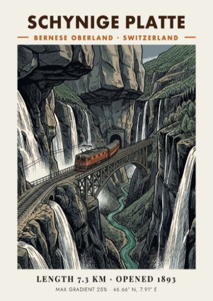 Poster of the Schynige Platte railway crossing a bridge in the Swiss Alps mountains.