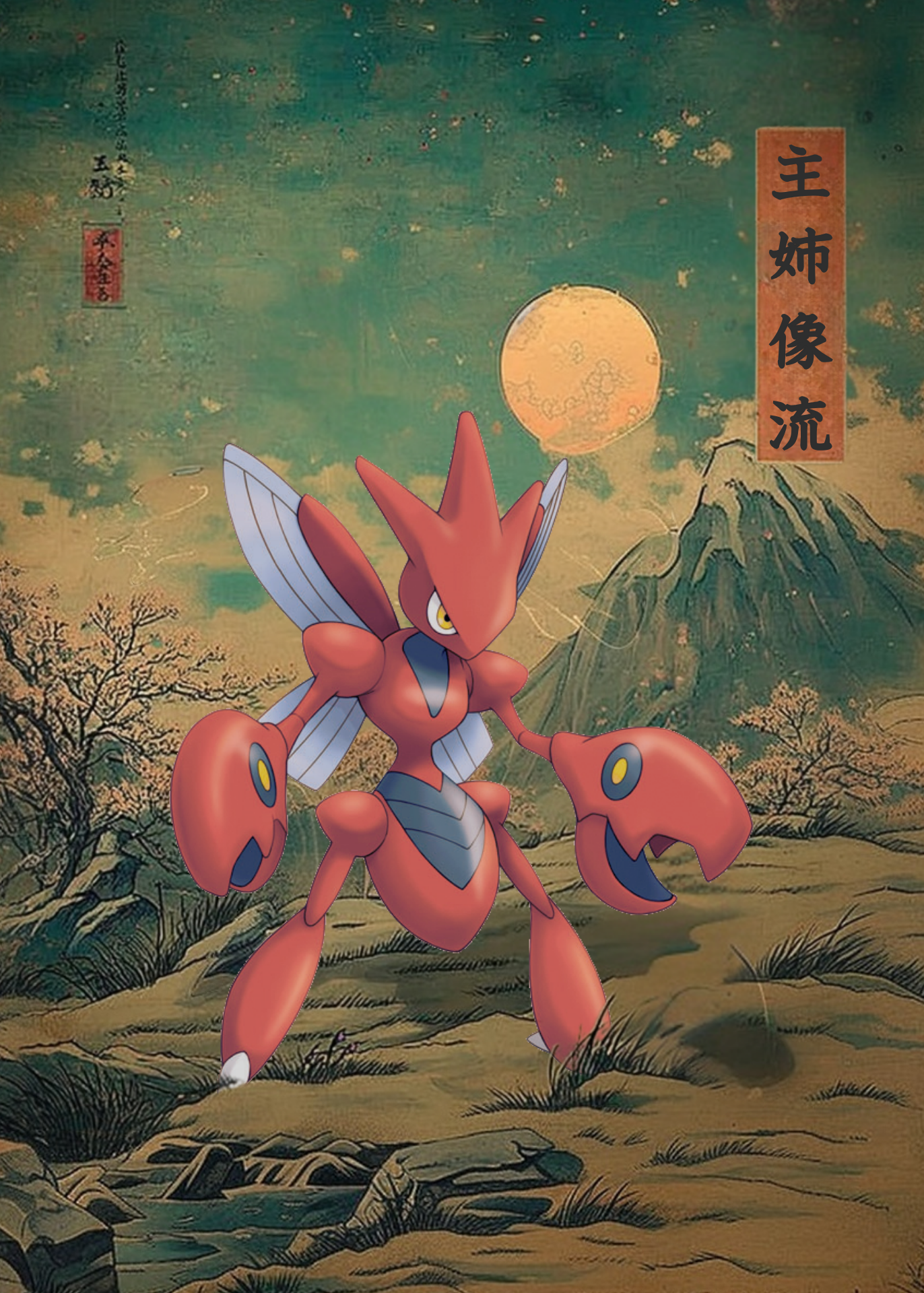 Scizor Pokemon character in a stylized landscape with mountains and a moon.