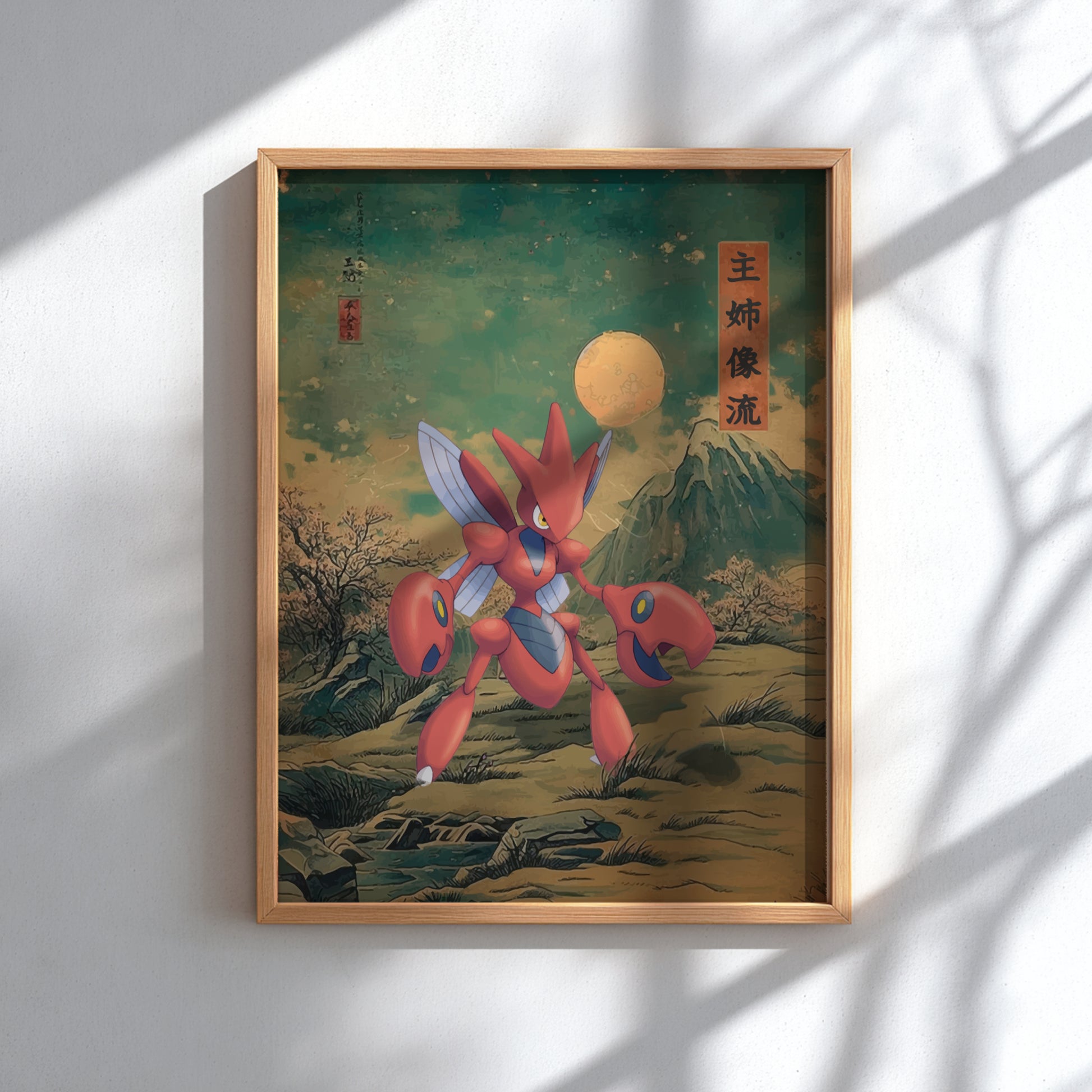 Framed artwork with Scizor Pokemon in a fantasy landscape