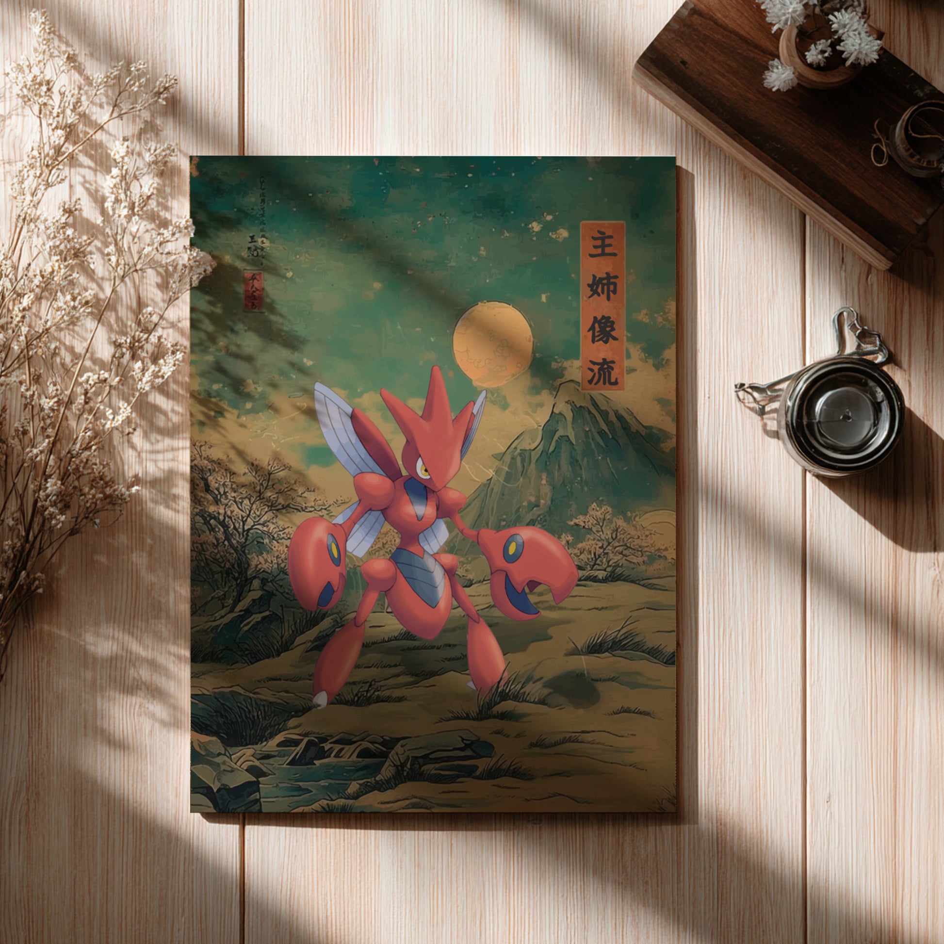 Colorful illustration of Scizor Pokemon on a wooden surface with decorative elements