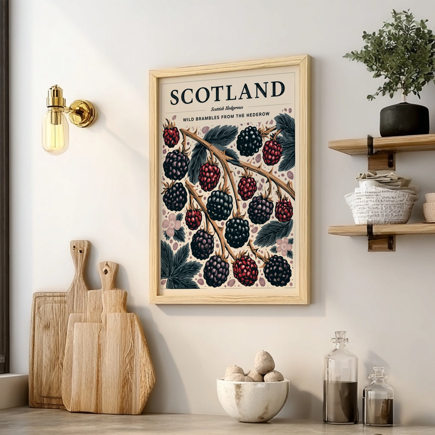 Kitchen poster featuring wild brambles and blackberries in vibrant colors, showcasing nature-inspired decor.