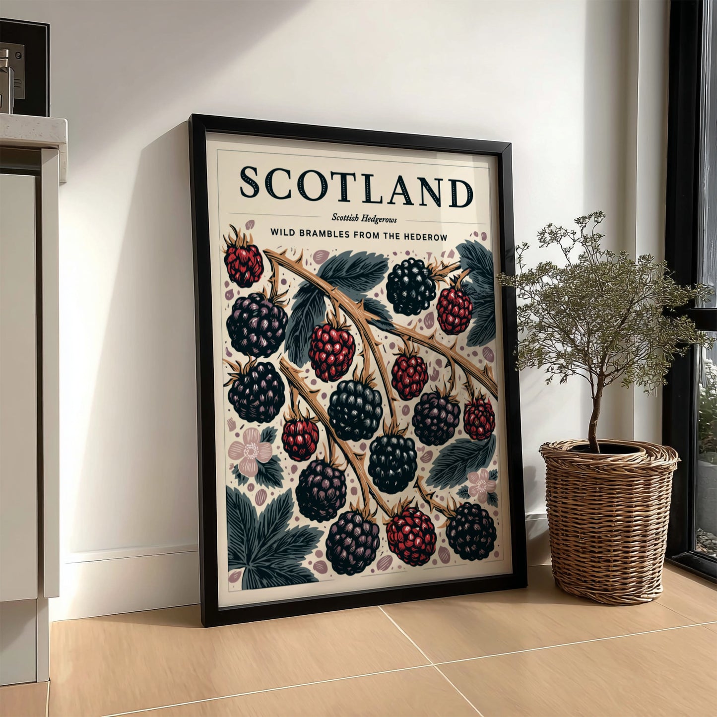 Kitchen poster featuring wild brambles and blackberries in vibrant colors, showcasing nature-inspired decor.