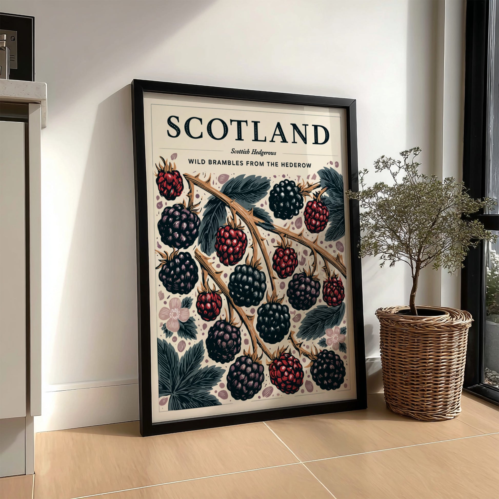Kitchen poster featuring wild brambles and blackberries in vibrant colors, showcasing nature-inspired decor.