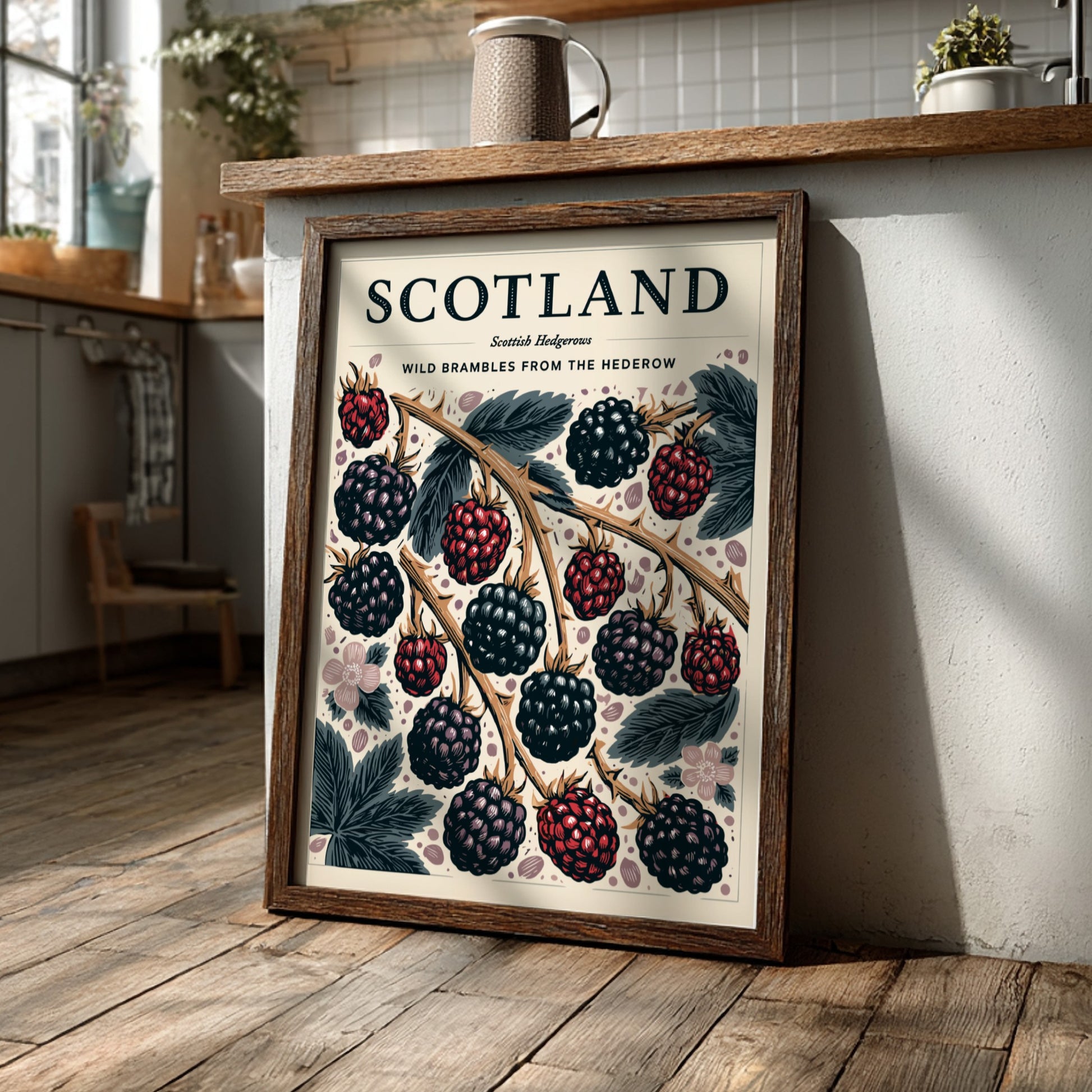 Kitchen poster featuring wild brambles and blackberries in vibrant colors, showcasing nature-inspired decor.