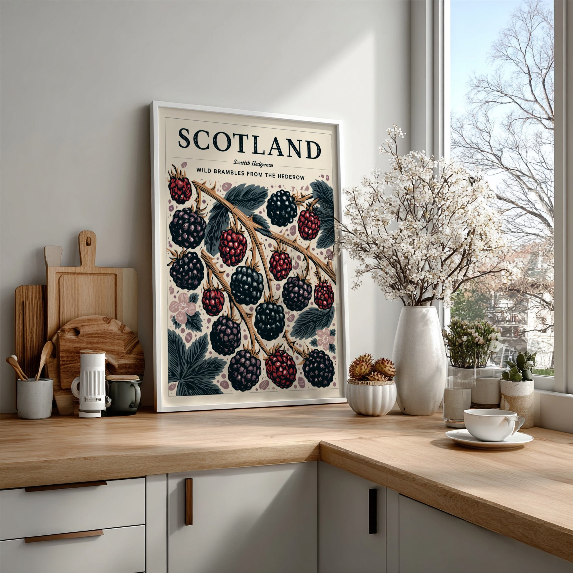 Kitchen poster featuring wild brambles and blackberries in vibrant colors, showcasing nature-inspired decor.