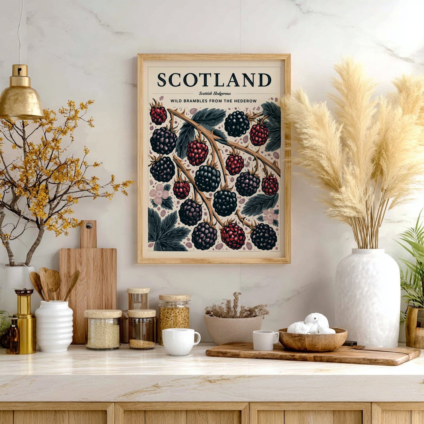 Kitchen poster featuring wild brambles and blackberries in vibrant colors, showcasing nature-inspired decor.