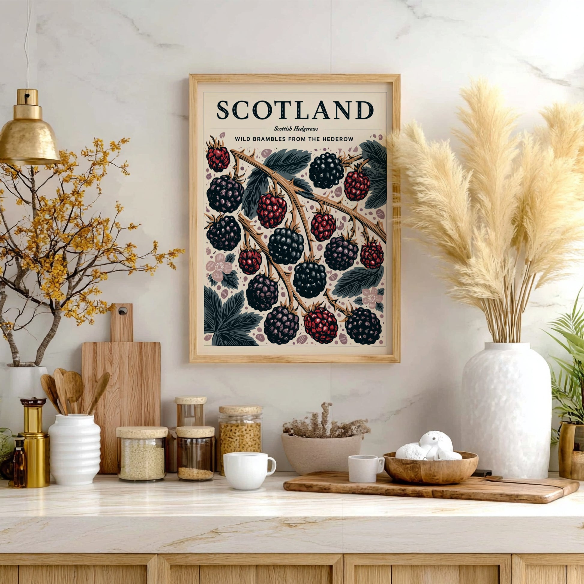 Kitchen poster featuring wild brambles and blackberries in vibrant colors, showcasing nature-inspired decor.