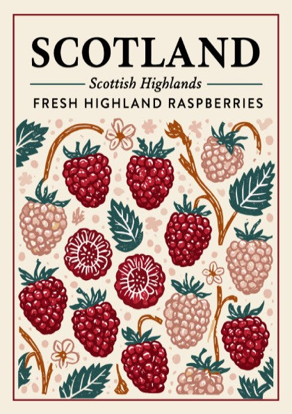 Highland raspberry kitchen poster featuring vibrant red raspberries and green leaves, perfect for kitchen