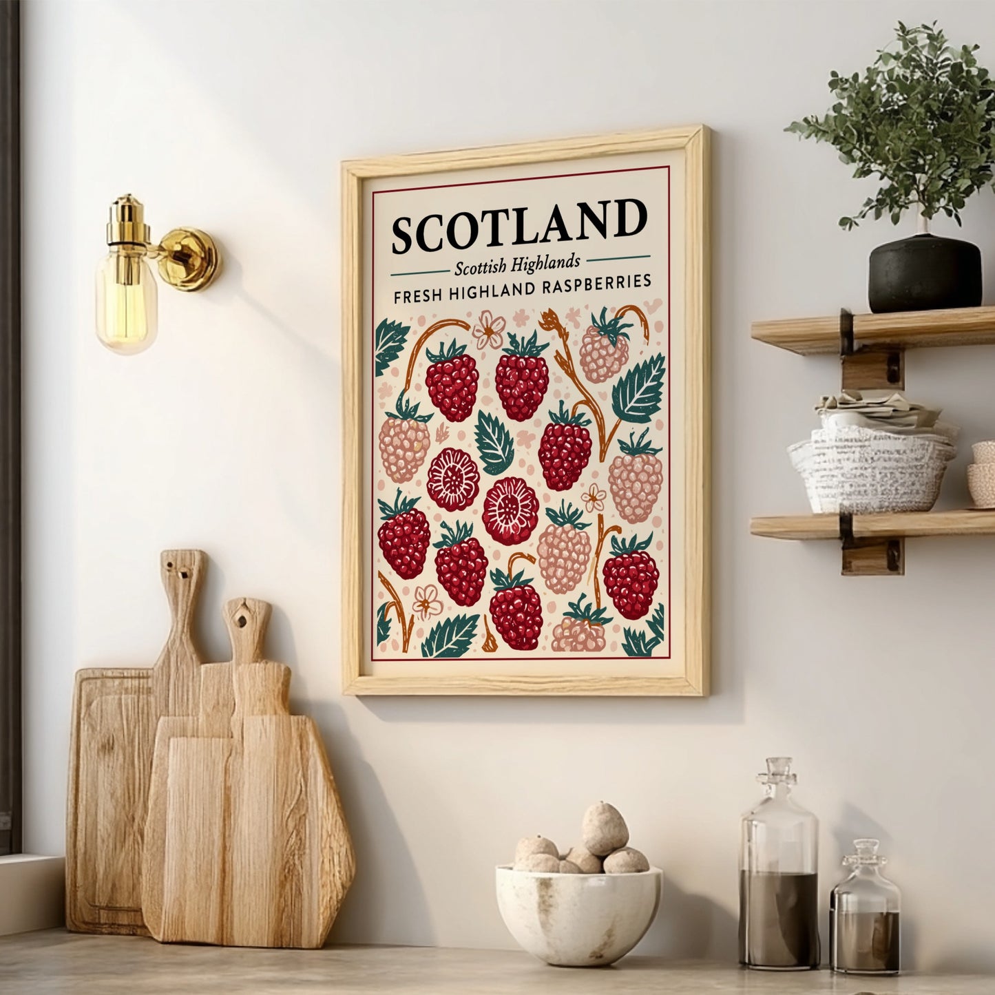 Highland raspberry kitchen poster featuring vibrant red raspberries and green leaves, perfect for kitchen