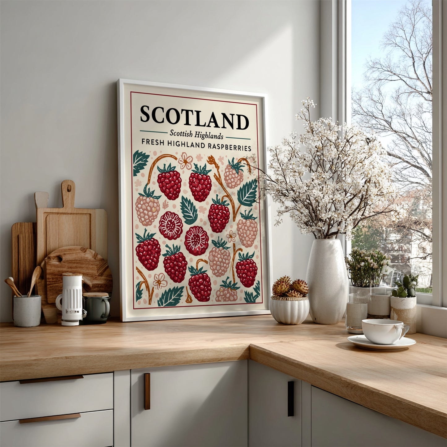 Highland raspberry kitchen poster featuring vibrant red raspberries and green leaves, perfect for kitchen