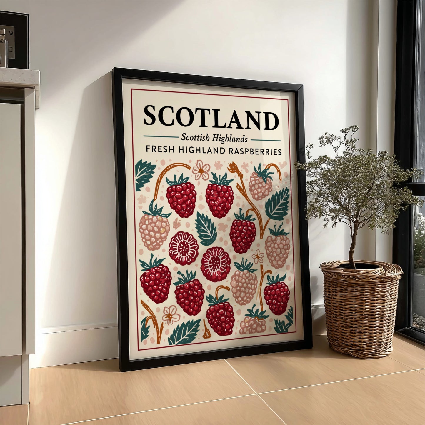Highland raspberry kitchen poster featuring vibrant red raspberries and green leaves, perfect for kitchen