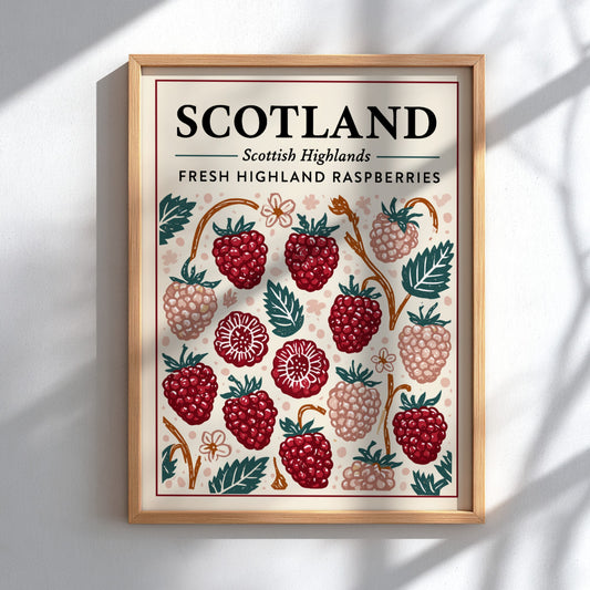 Highland raspberry kitchen poster featuring vibrant red raspberries and green leaves, perfect for kitchen