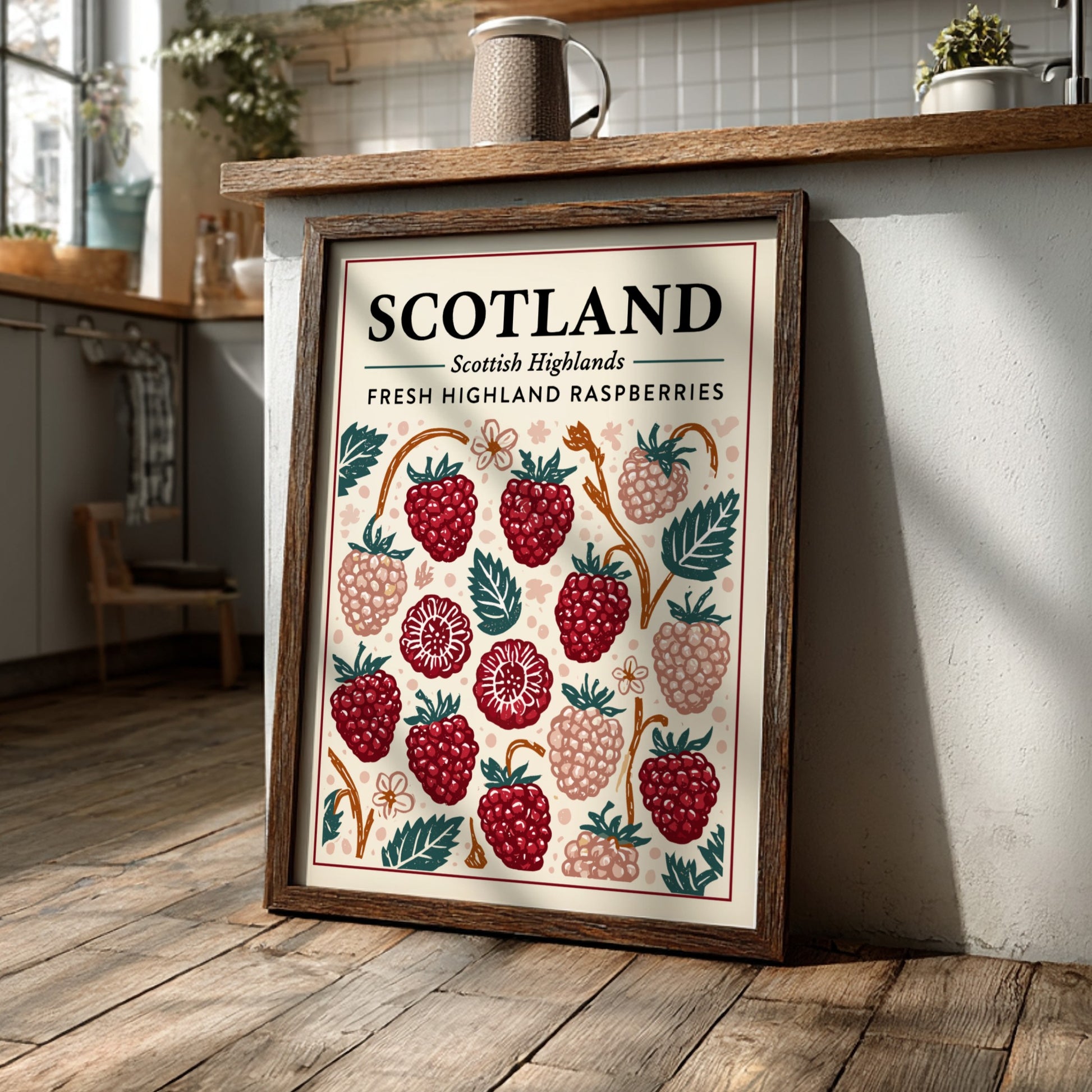 Highland raspberry kitchen poster featuring vibrant red raspberries and green leaves, perfect for kitchen