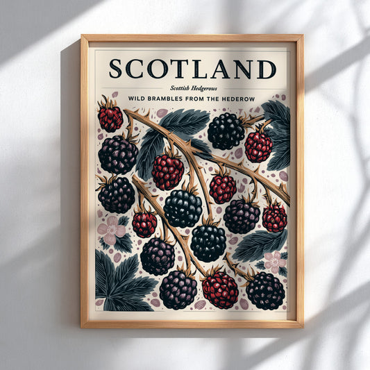 Kitchen poster featuring wild brambles and blackberries in vibrant colors, showcasing nature-inspired decor.