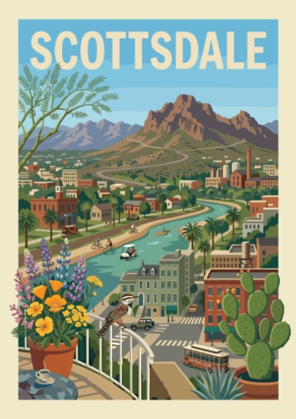 Scottsdale cityscape poster with canal, mountains, desert plants, and buildings in a retro travel art style.