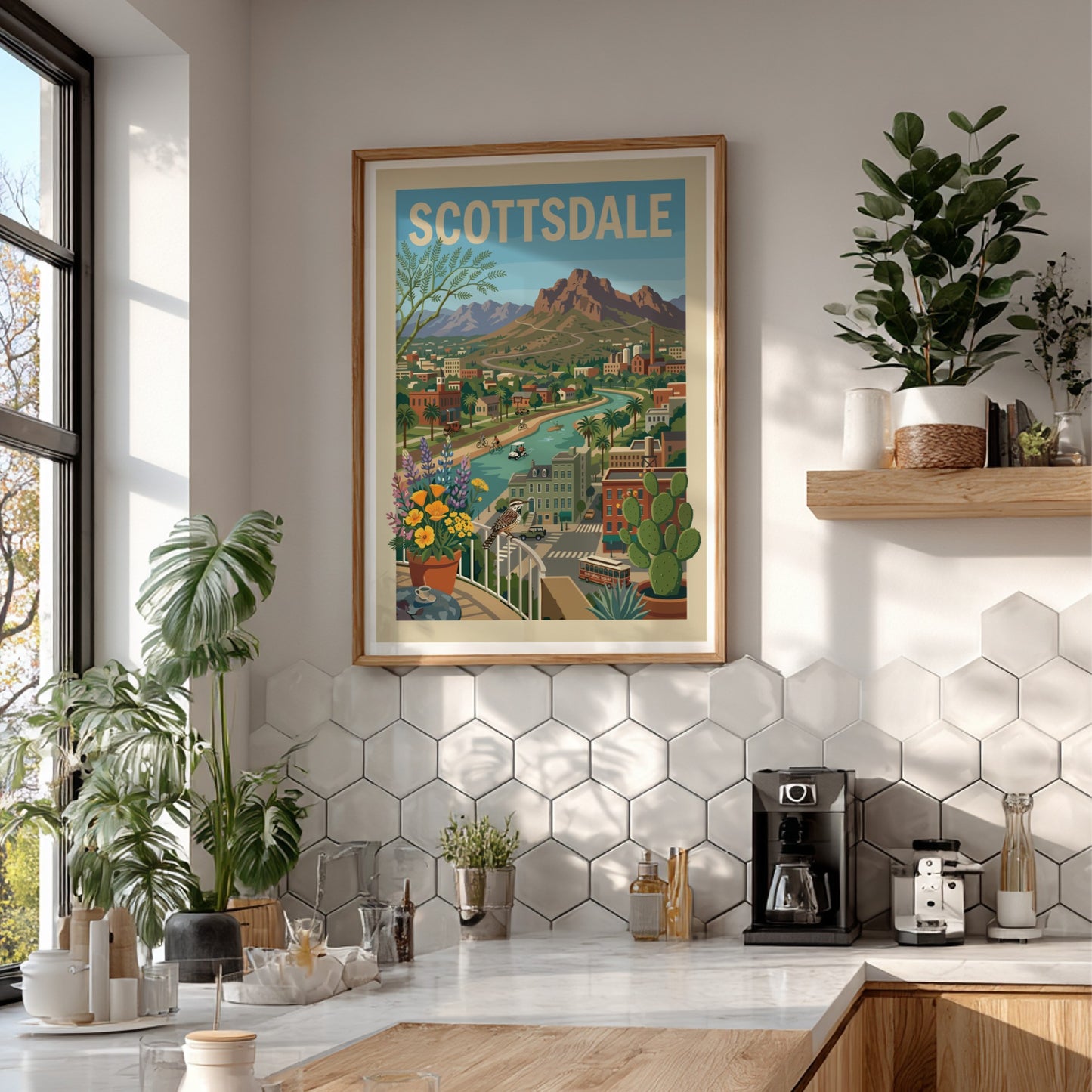 Scottsdale cityscape poster with canal, mountains, desert plants, and buildings in a retro travel art style.