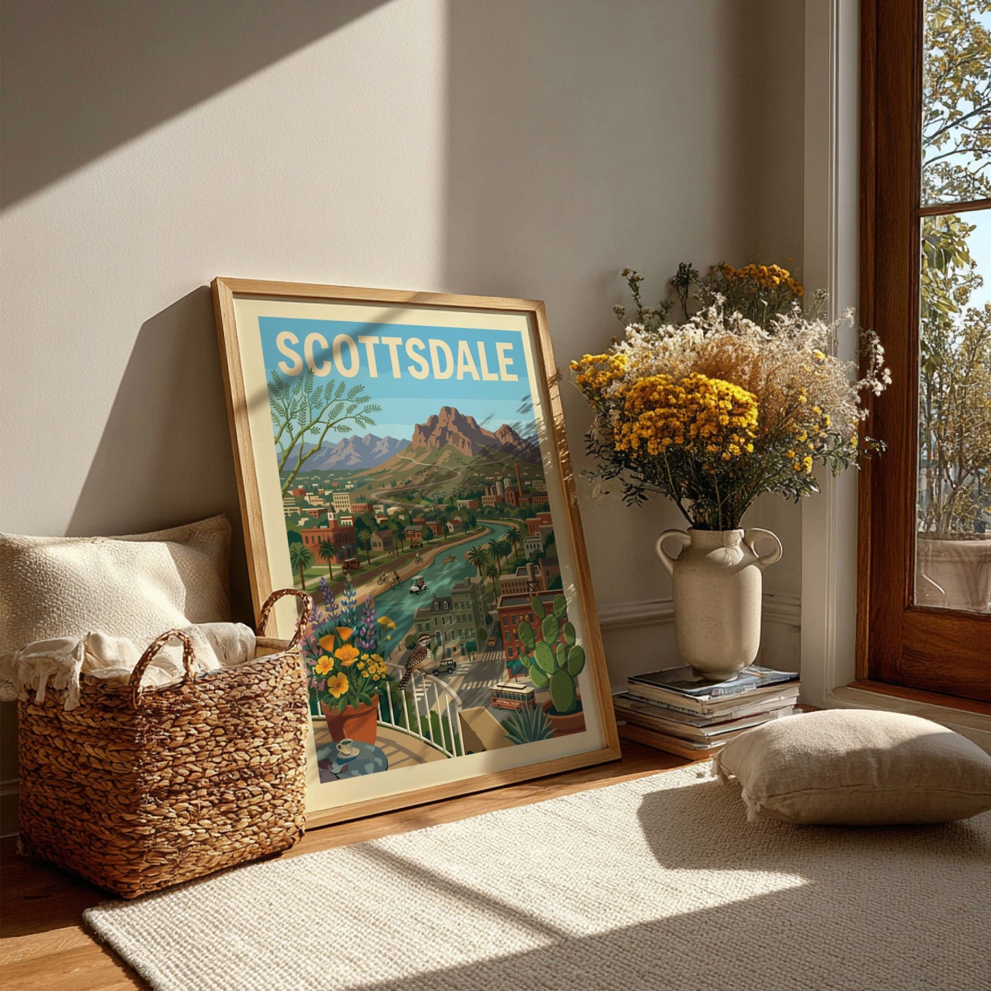 Scottsdale cityscape poster with canal, mountains, desert plants, and buildings in a retro travel art style.