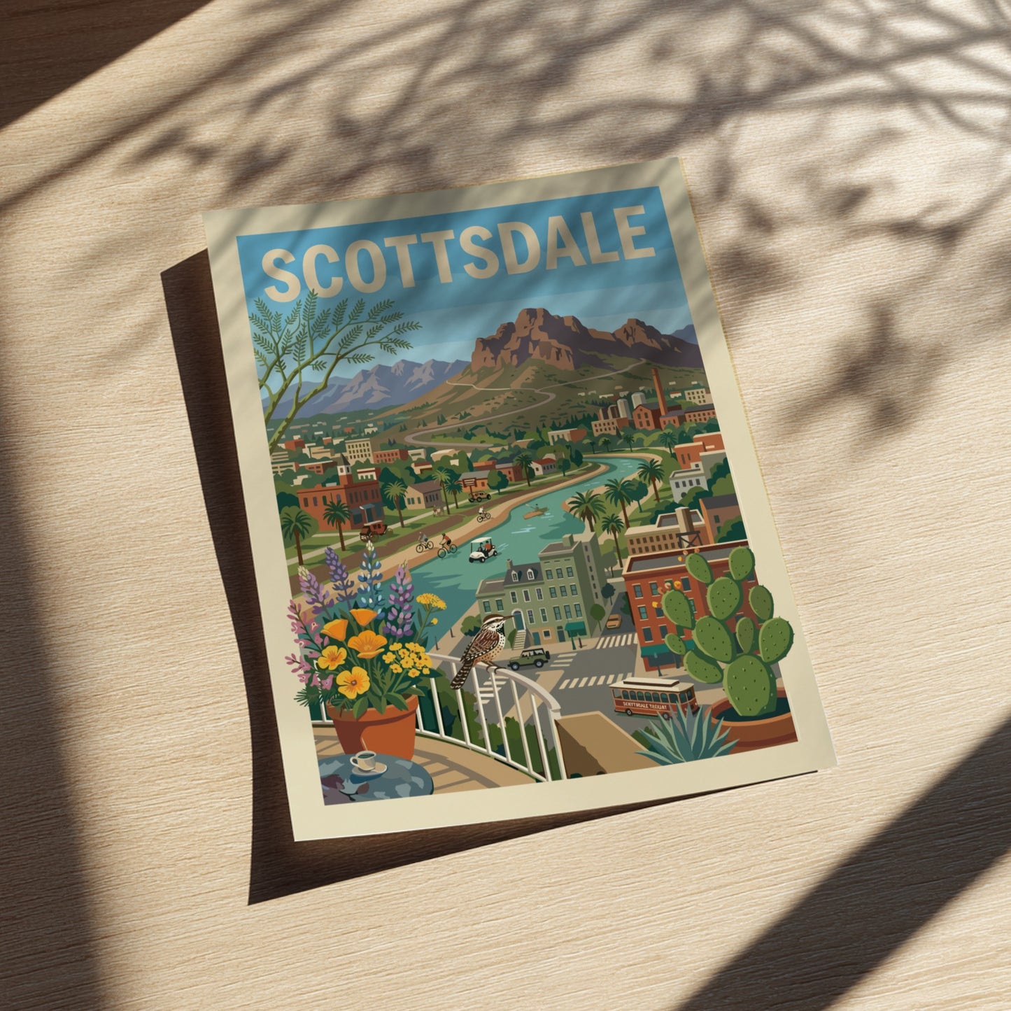 Scottsdale cityscape poster with canal, mountains, desert plants, and buildings in a retro travel art style.