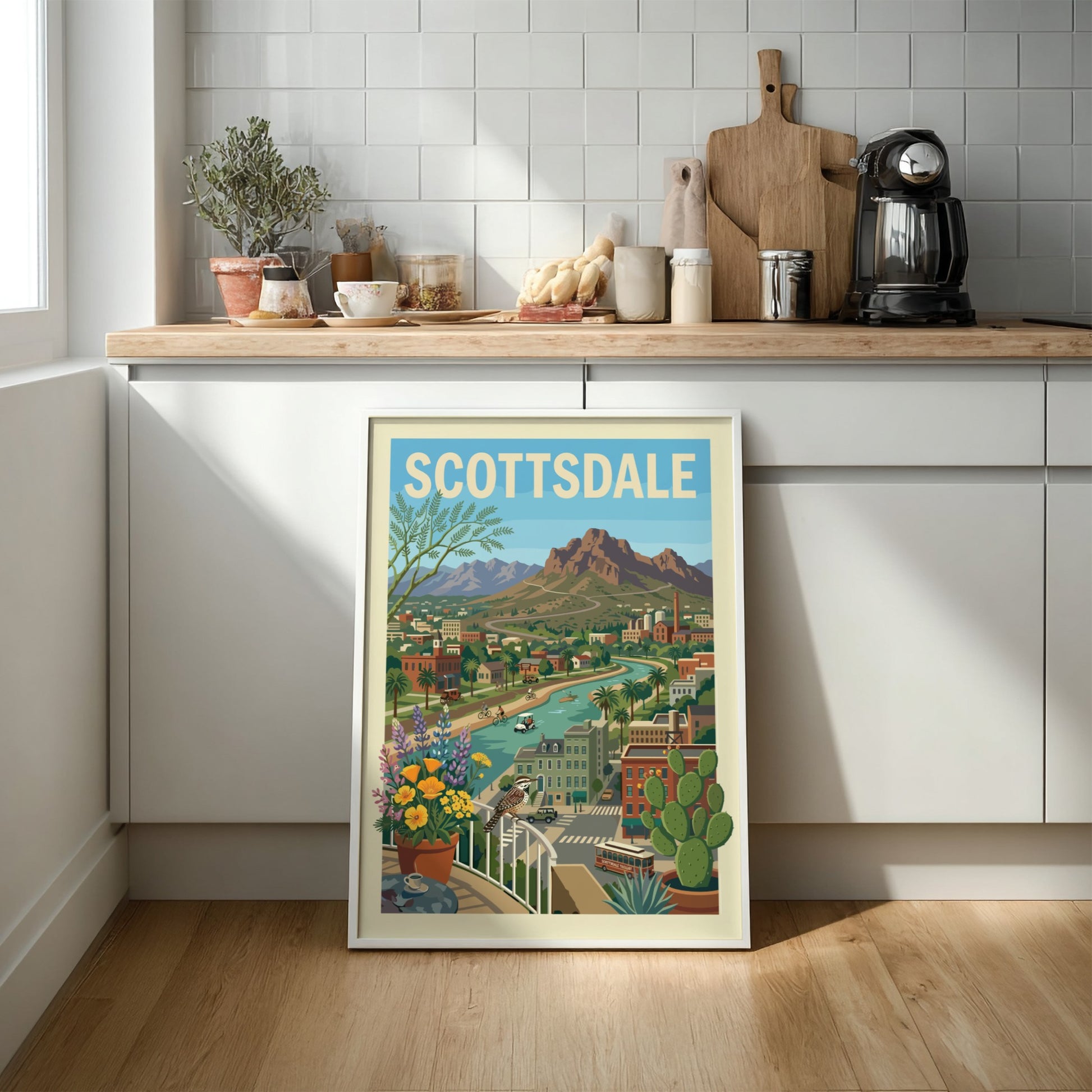 Scottsdale cityscape poster with canal, mountains, desert plants, and buildings in a retro travel art style.