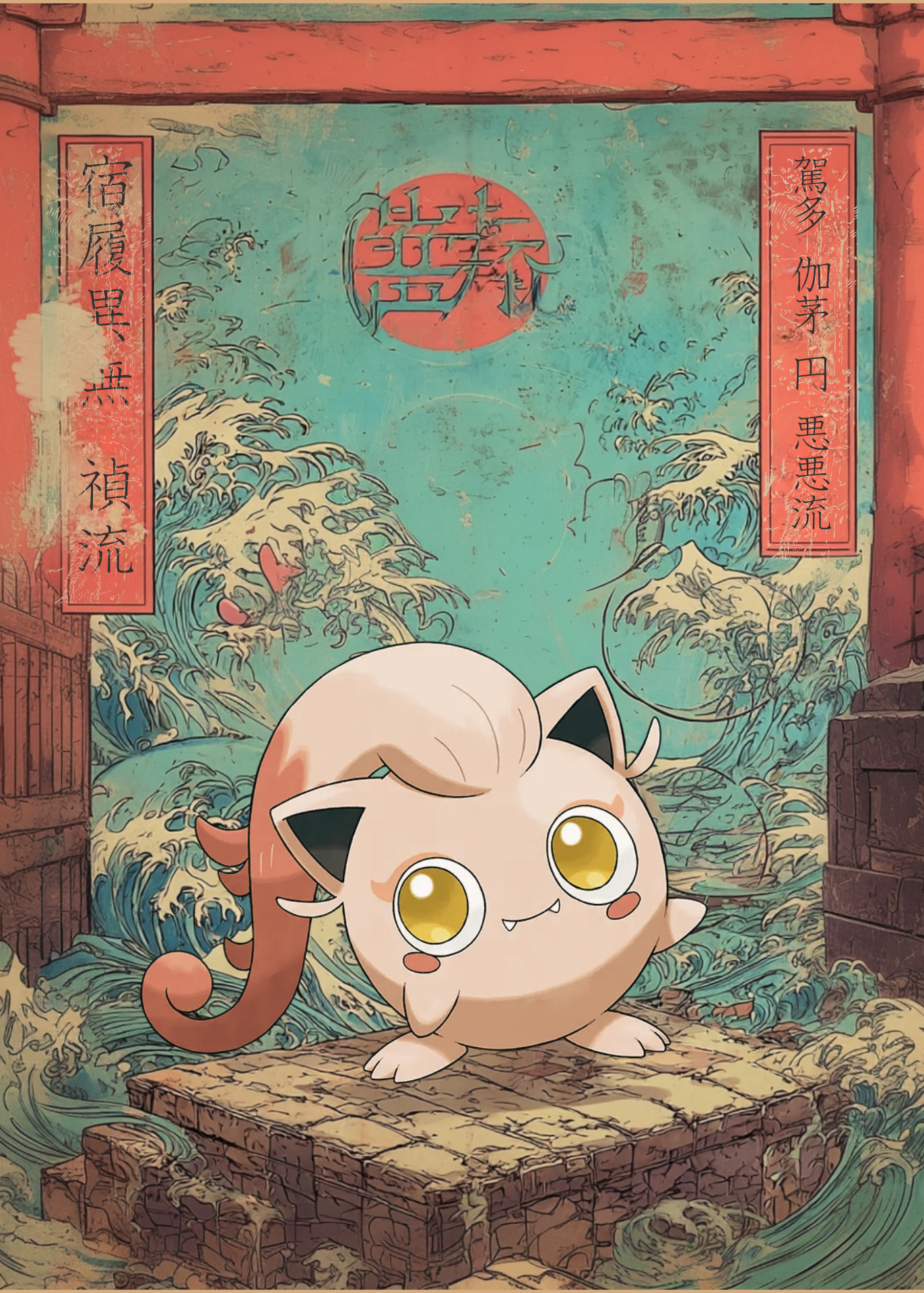Scream Tail Pokemon character in a traditional Japanese setting with waves and architecture.