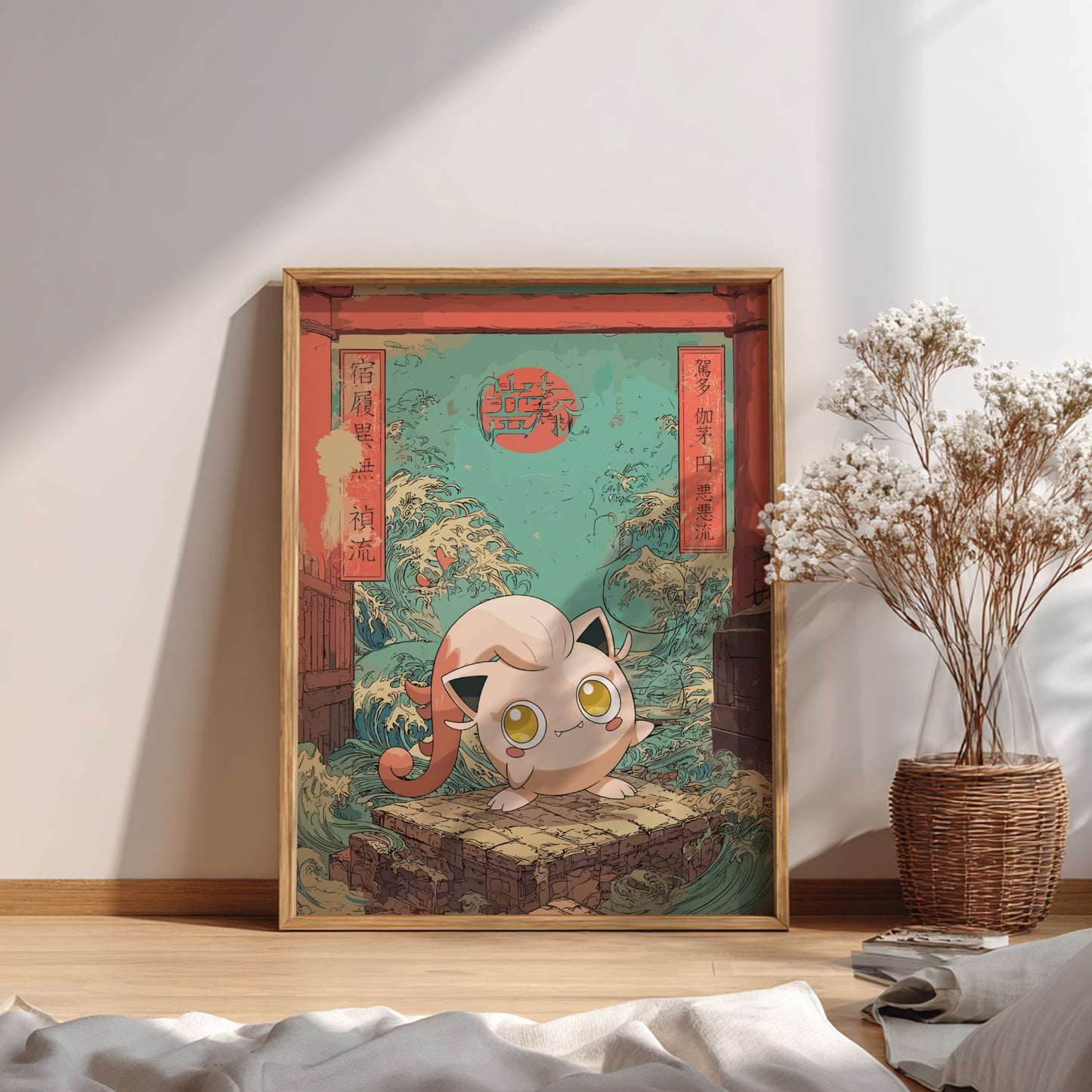 Framed artwork of Scream Tail Pokemon  on a wooden floor with a plant in the background