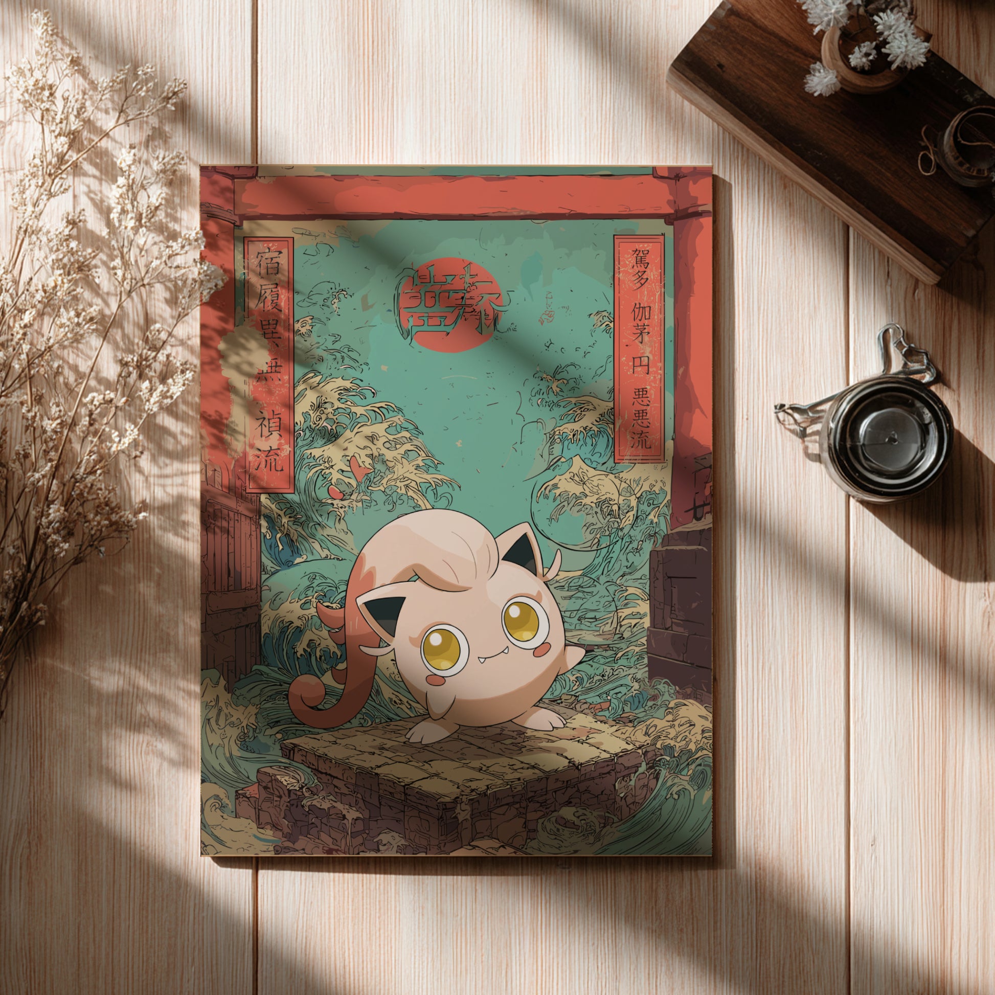 Illustrated poster with Scream Tail Pokemon on a wooden surface