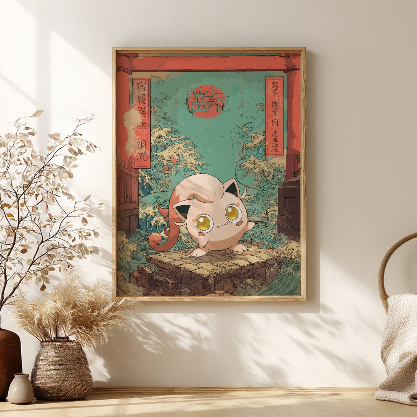 Framed artwork of Scream Tail Pokemon on a wall with decorative elements.
