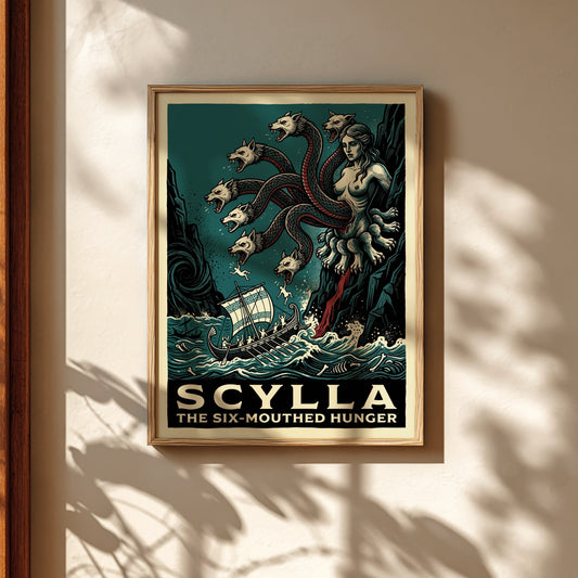 Scylla Greek mythology poster featuring the six-mouthed monster attacking a ship, in a dark teal and vintage