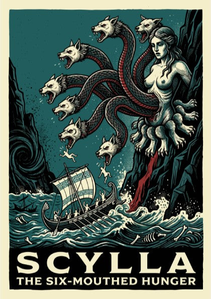 Scylla Greek mythology poster featuring the six-mouthed monster attacking a ship, in a dark teal and vintage