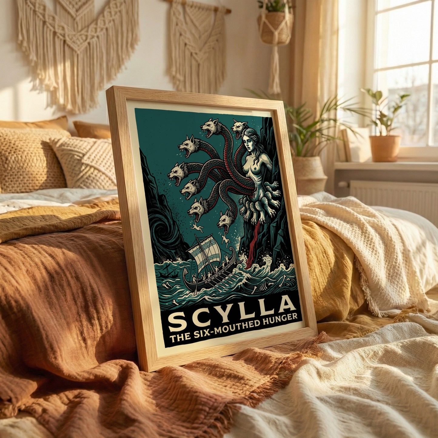 Scylla Greek mythology poster featuring the six-mouthed monster attacking a ship, in a dark teal and vintage