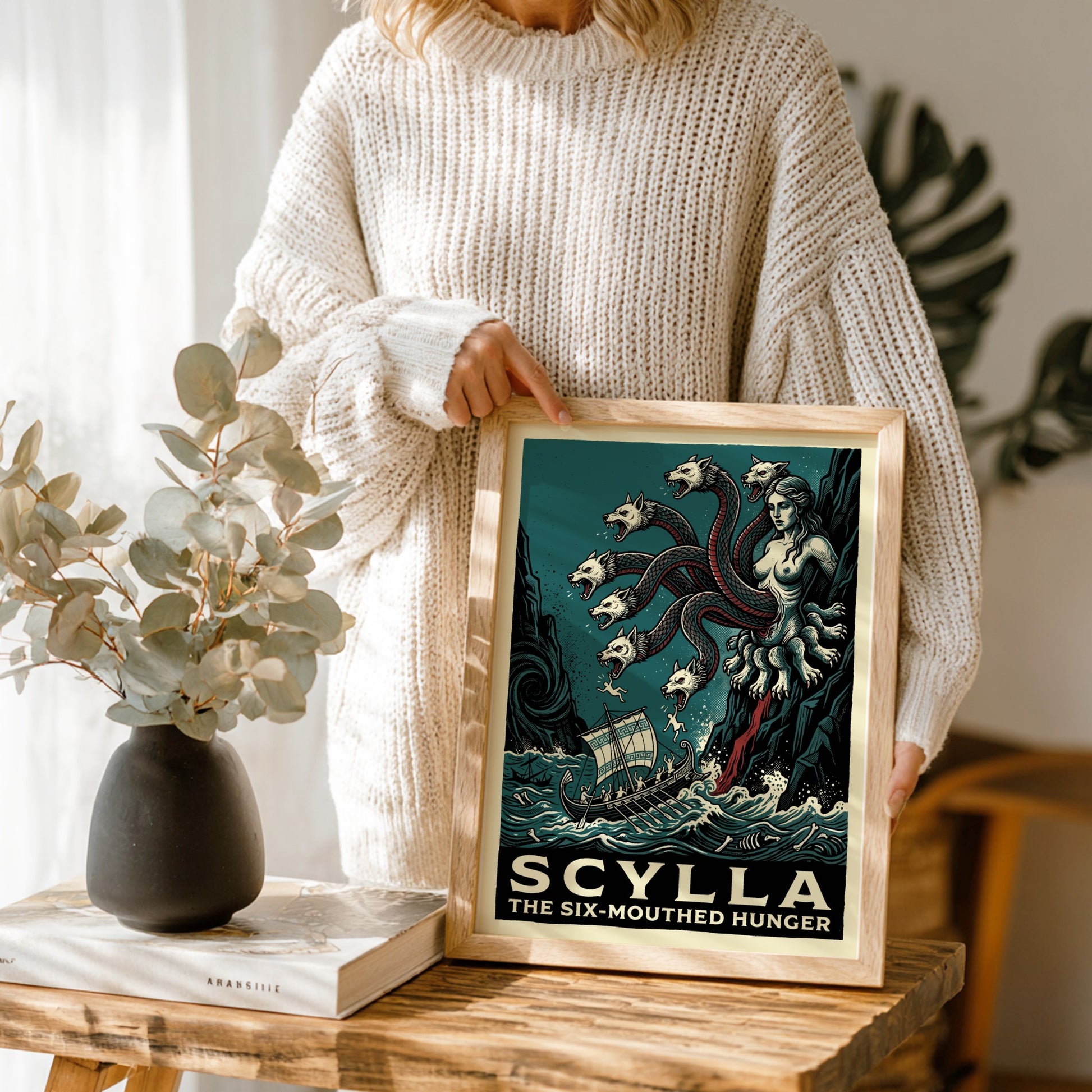 Scylla Greek mythology poster featuring the six-mouthed monster attacking a ship, in a dark teal and vintage