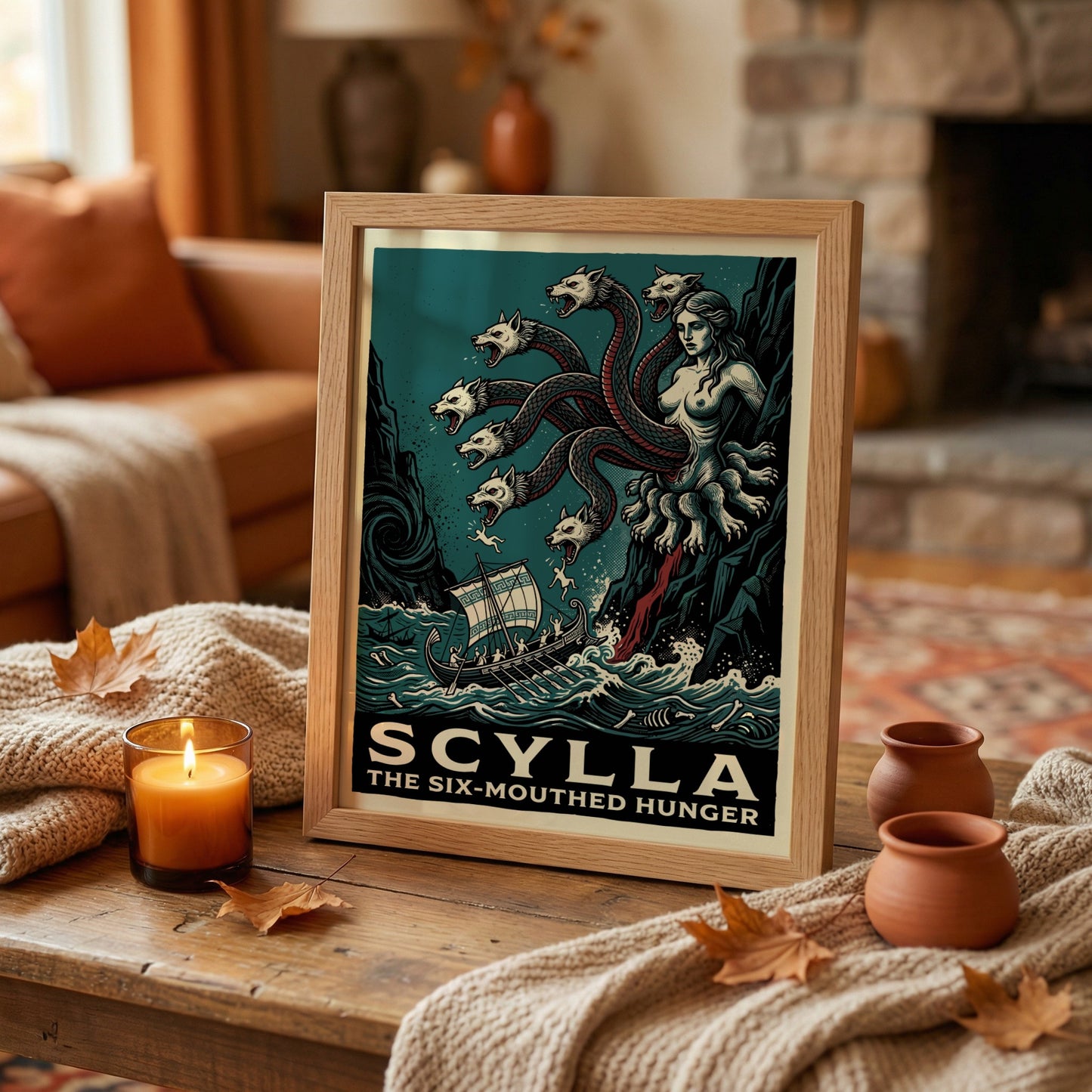 Scylla Greek mythology poster featuring the six-mouthed monster attacking a ship, in a dark teal and vintage