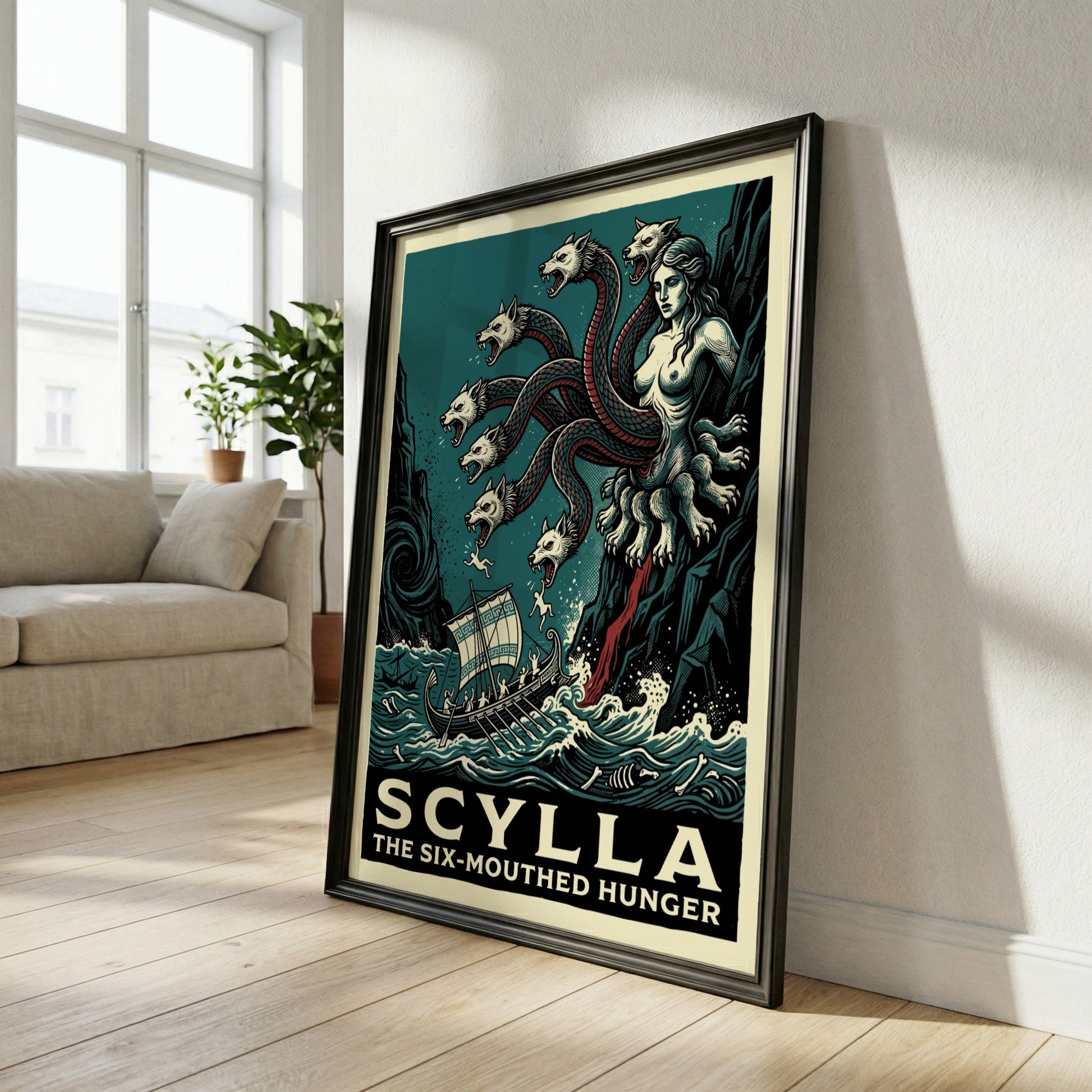 Scylla Greek mythology poster featuring the six-mouthed monster attacking a ship, in a dark teal and vintage