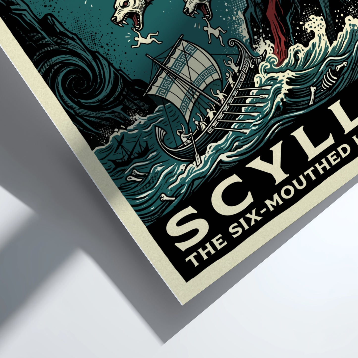Scylla Greek mythology poster featuring the six-mouthed monster attacking a ship, in a dark teal and vintage