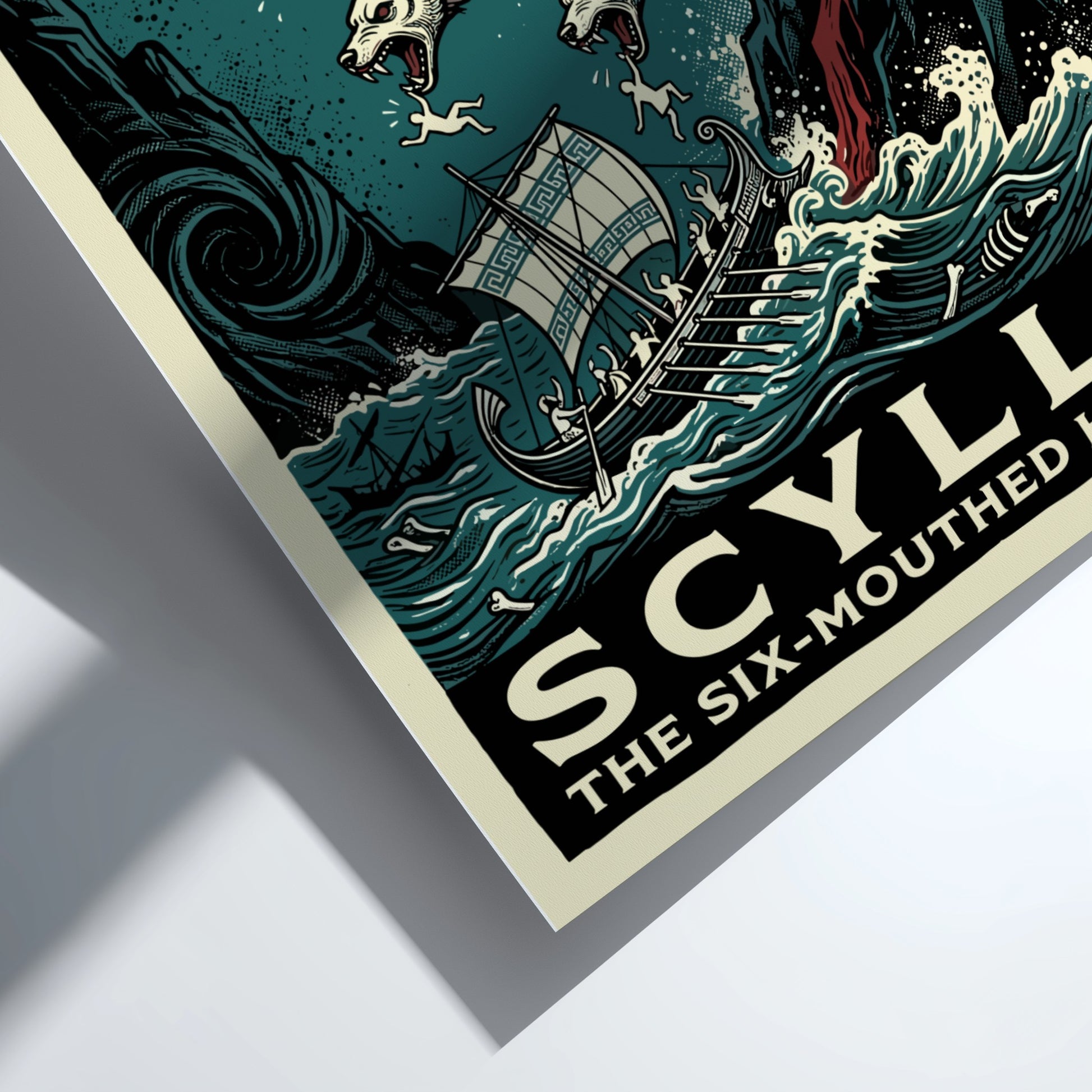 Scylla Greek mythology poster featuring the six-mouthed monster attacking a ship, in a dark teal and vintage