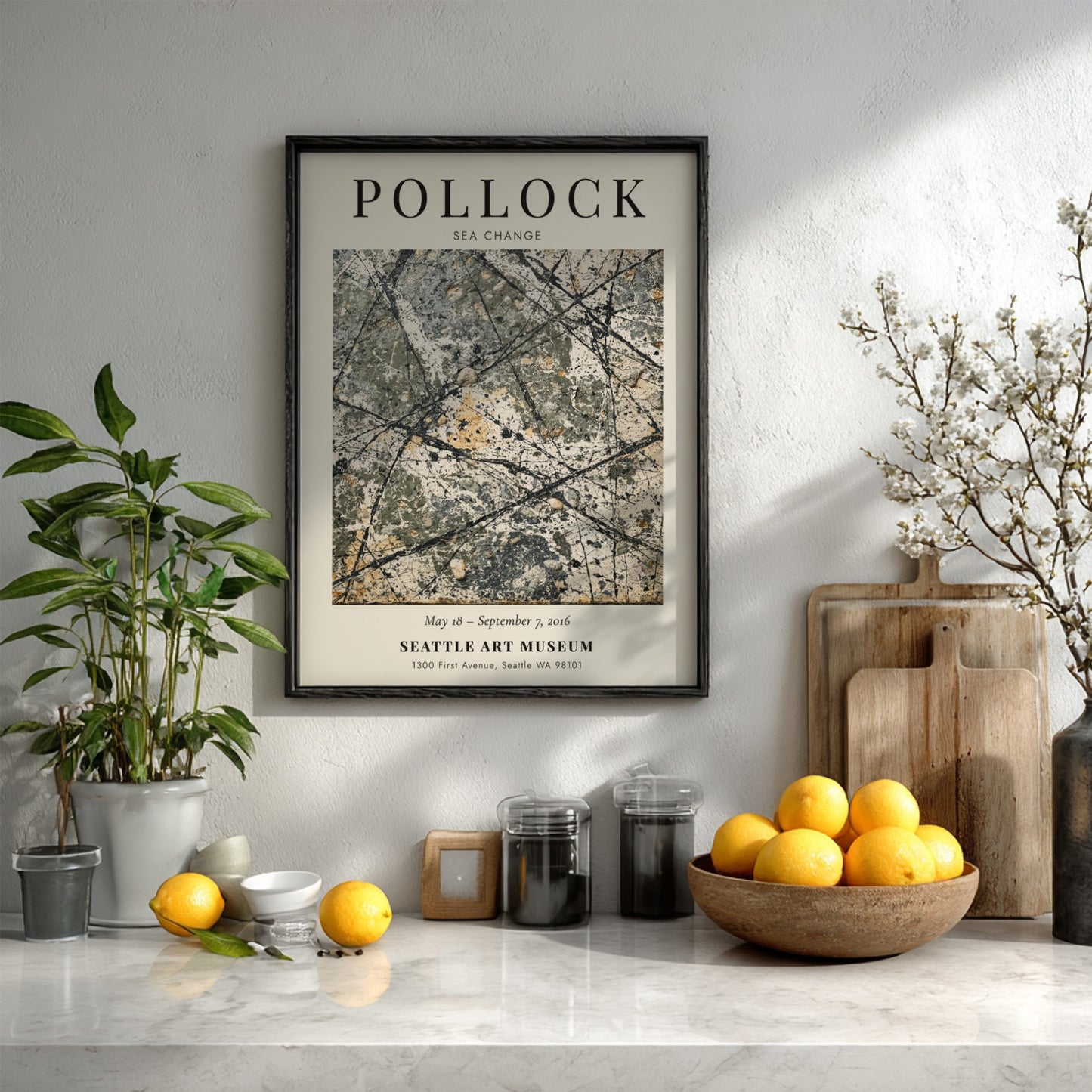 Wall art poster featuring Jackson Pollock Sea Change with abstract black and white drips.