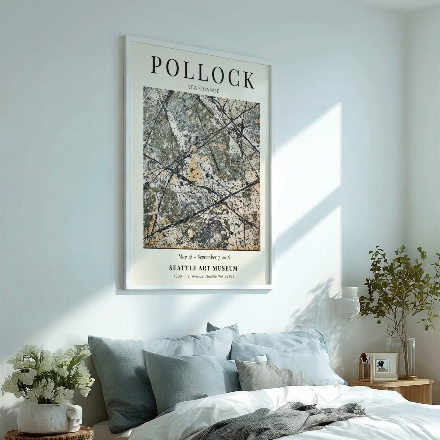 Wall art poster featuring Jackson Pollock Sea Change with abstract black and white drips.