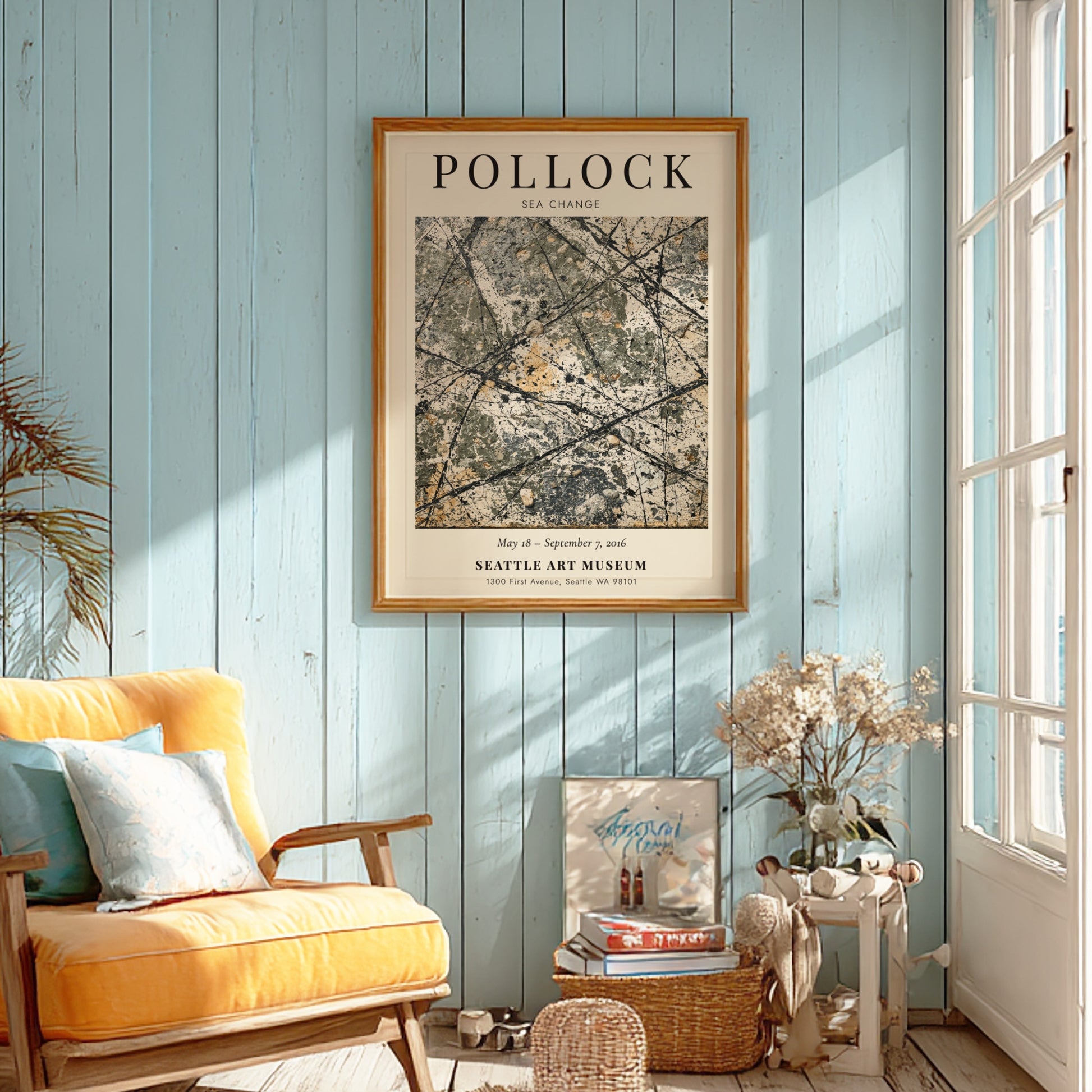 Wall art poster featuring Jackson Pollock Sea Change with abstract black and white drips.