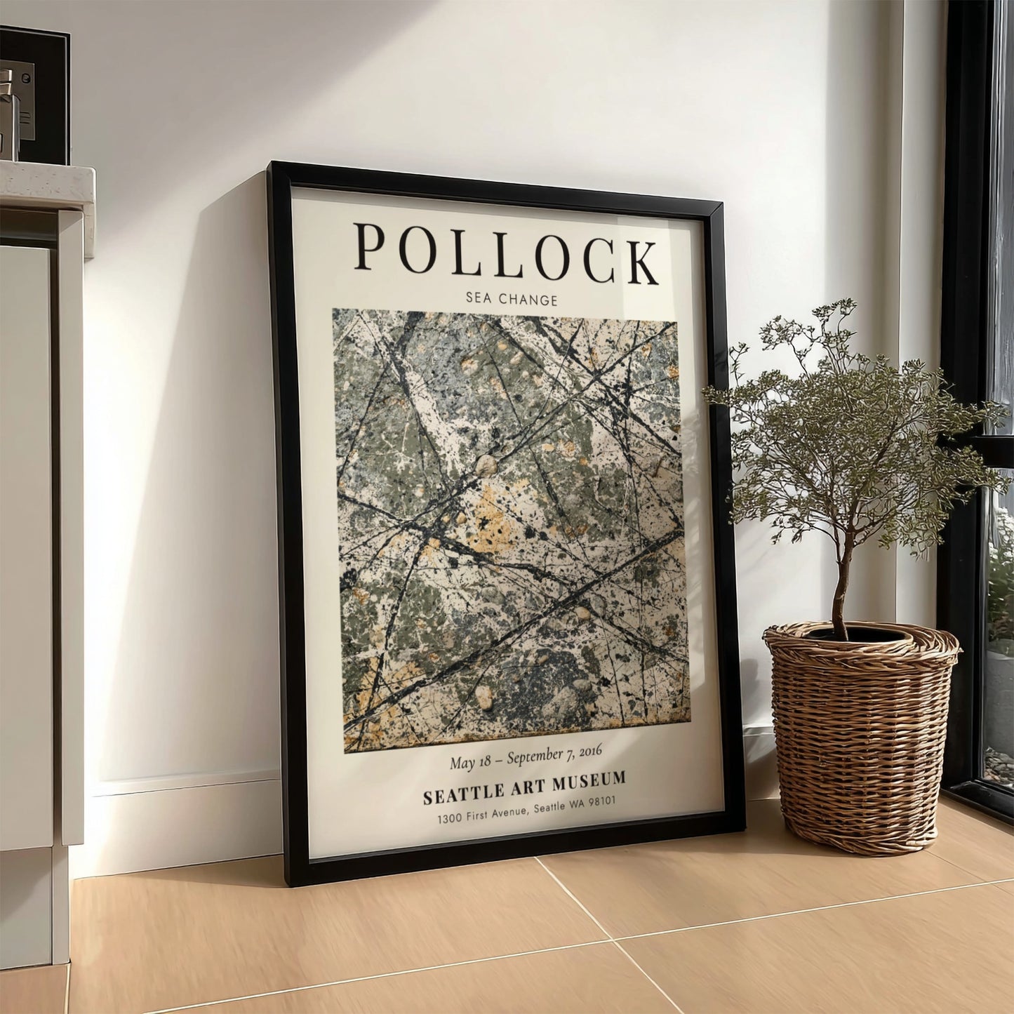 Wall art poster featuring Jackson Pollock Sea Change with abstract black and white drips.