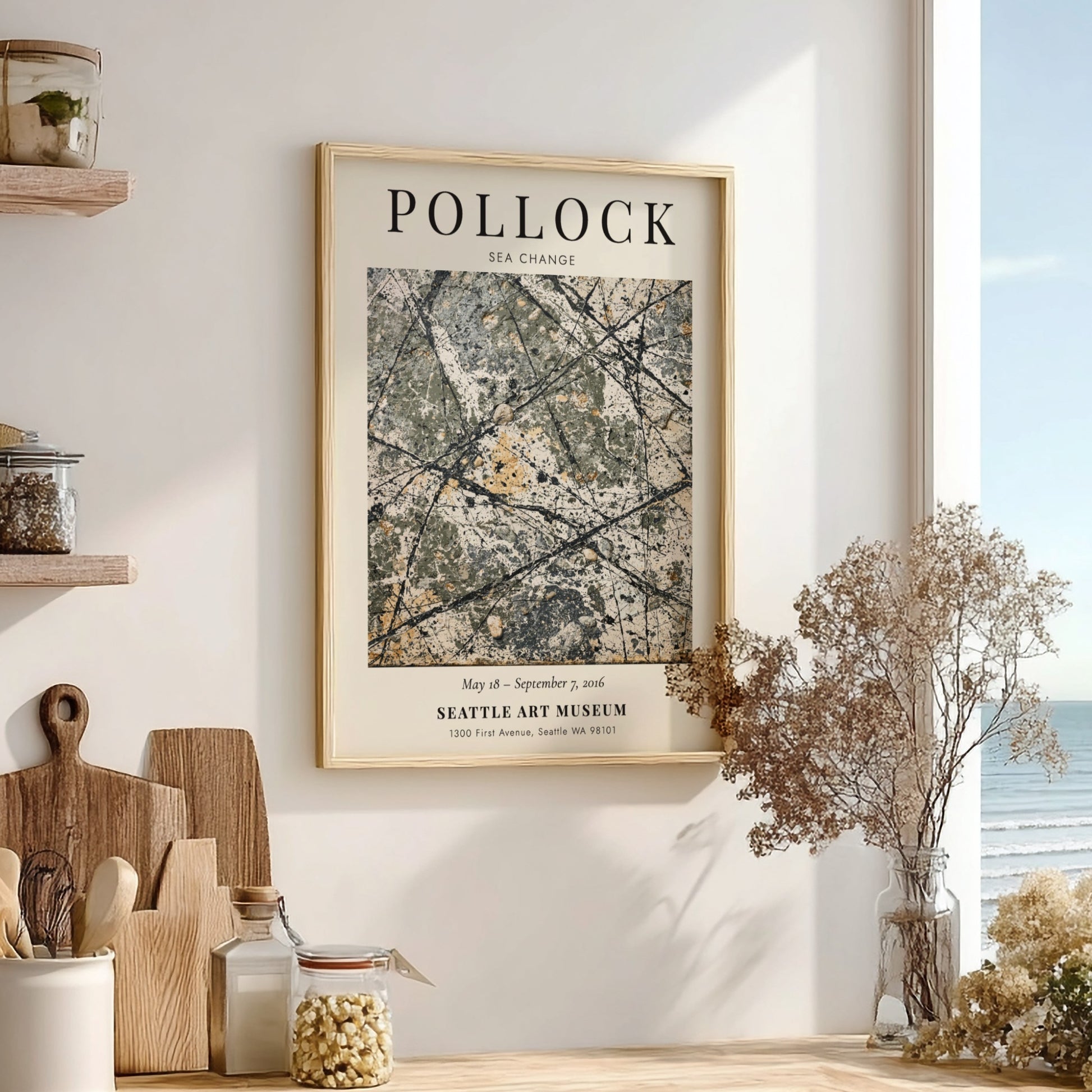 Wall art poster featuring Jackson Pollock Sea Change with abstract black and white drips.