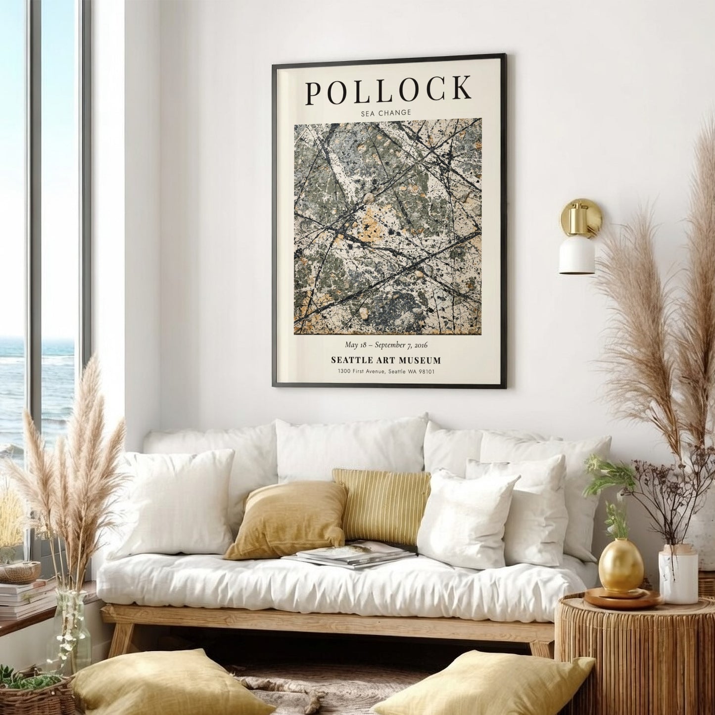 Wall art poster featuring Jackson Pollock Sea Change with abstract black and white drips.