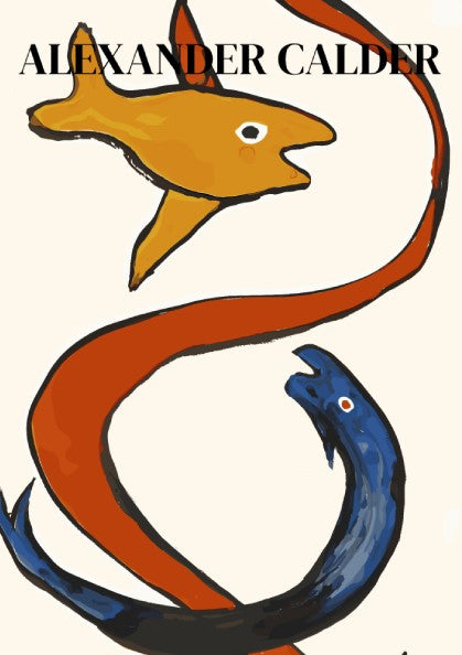 Poster of Alexander Calder's "Sea Creatures" drawing, featuring orange fish and blue sea creature with red