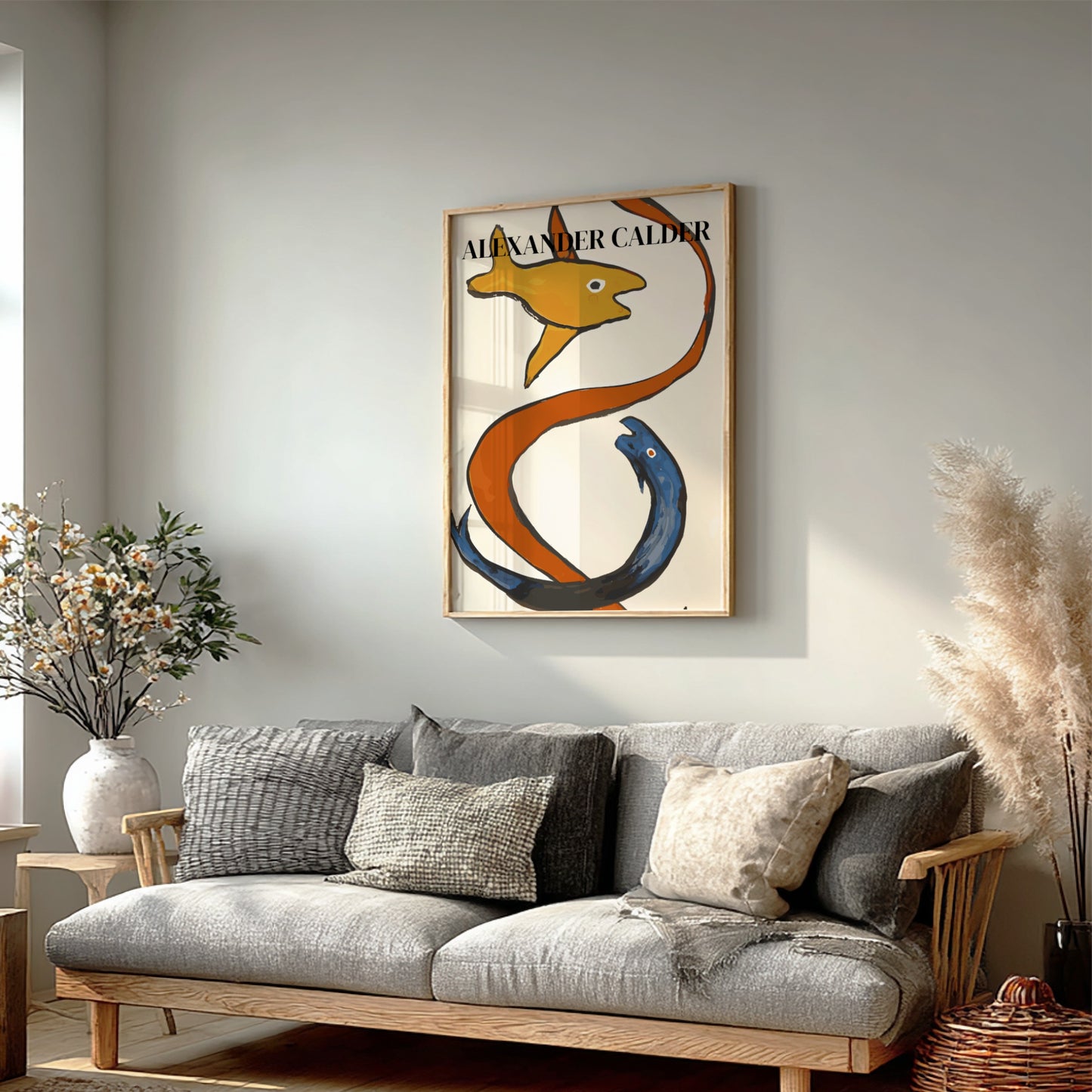 Poster of Alexander Calder's "Sea Creatures" drawing, featuring orange fish and blue sea creature with red