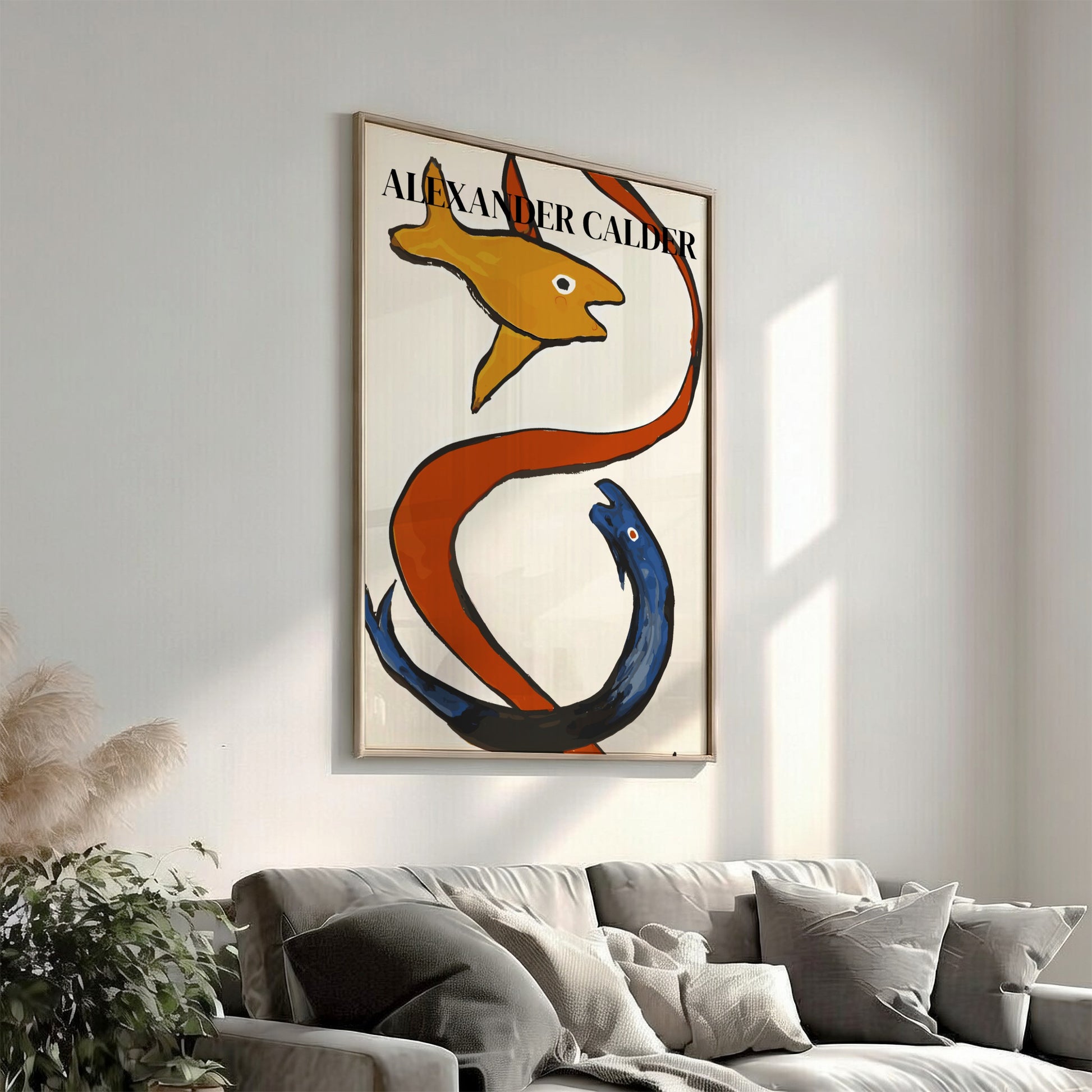 Poster of Alexander Calder's "Sea Creatures" drawing, featuring orange fish and blue sea creature with red