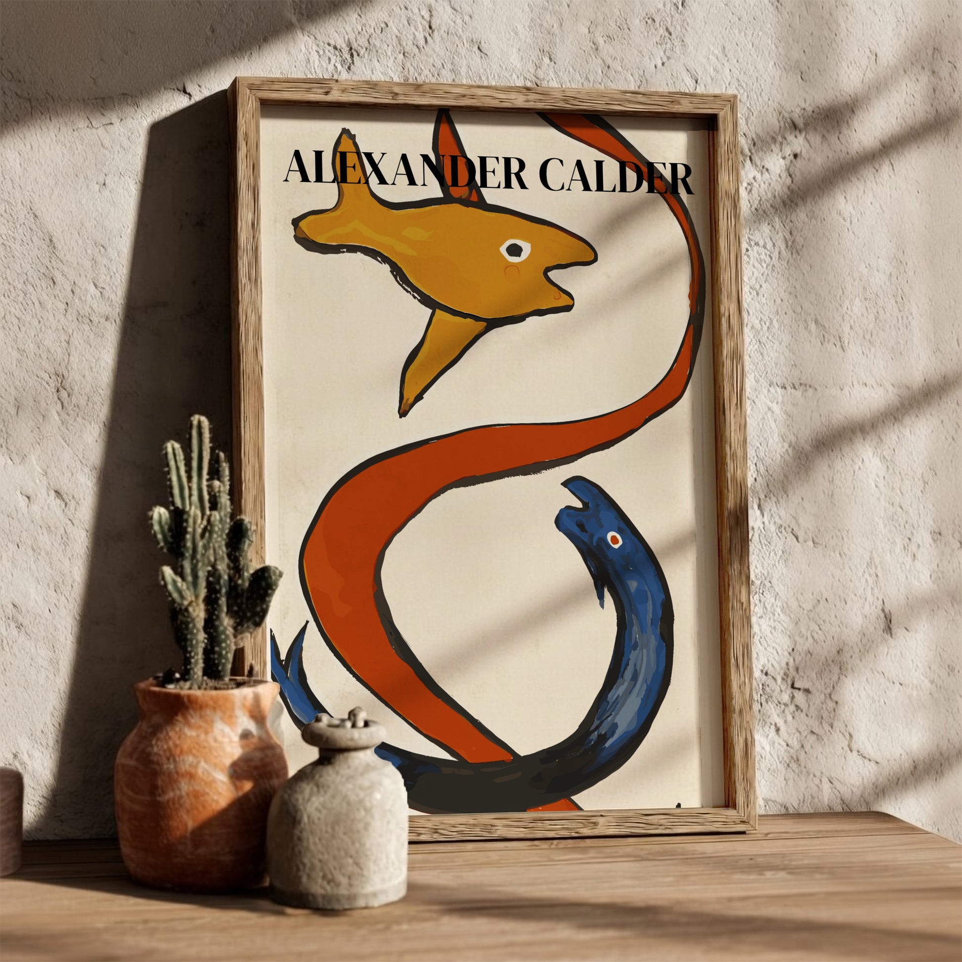 Poster of Alexander Calder's "Sea Creatures" drawing, featuring orange fish and blue sea creature with red