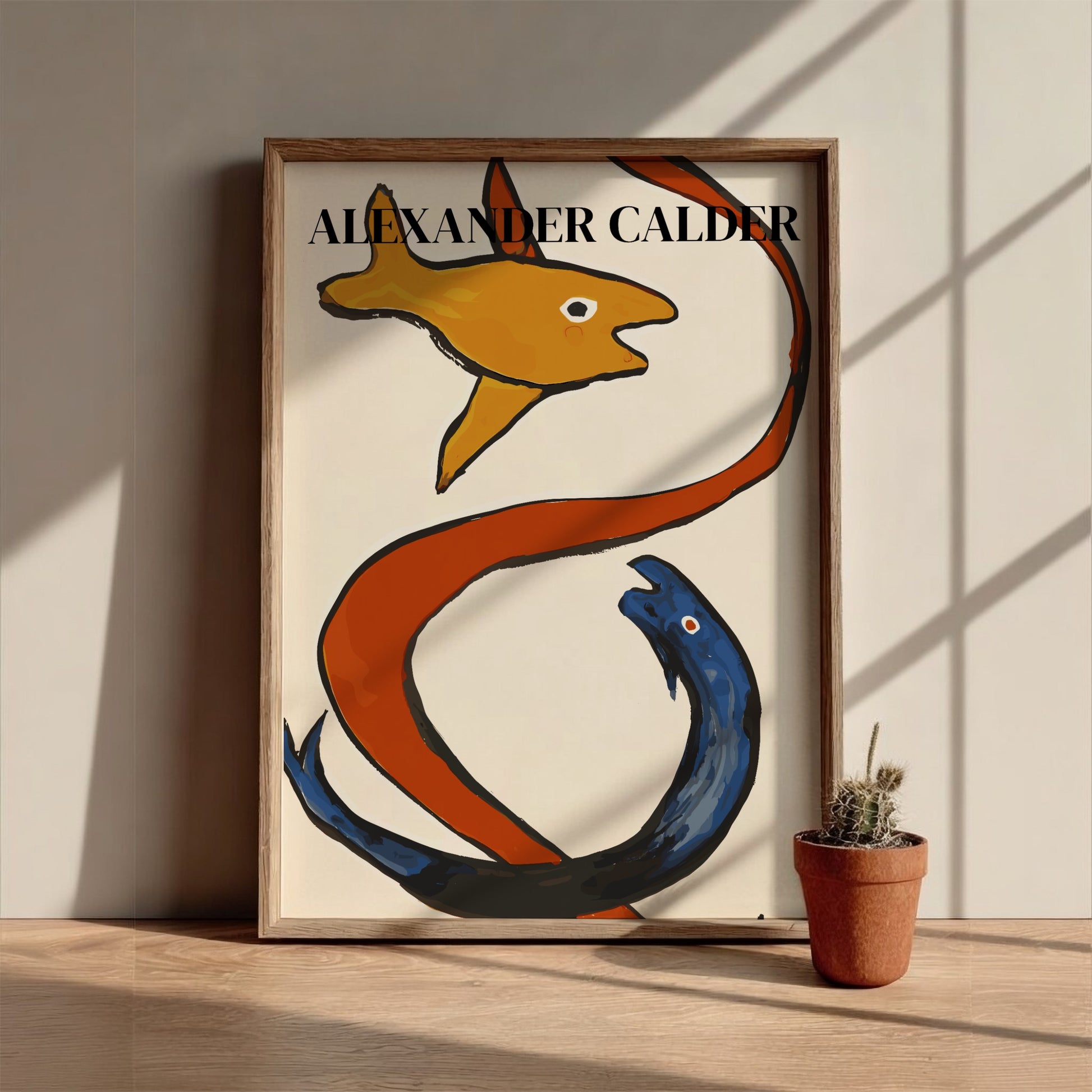 Poster of Alexander Calder's "Sea Creatures" drawing, featuring orange fish and blue sea creature with red