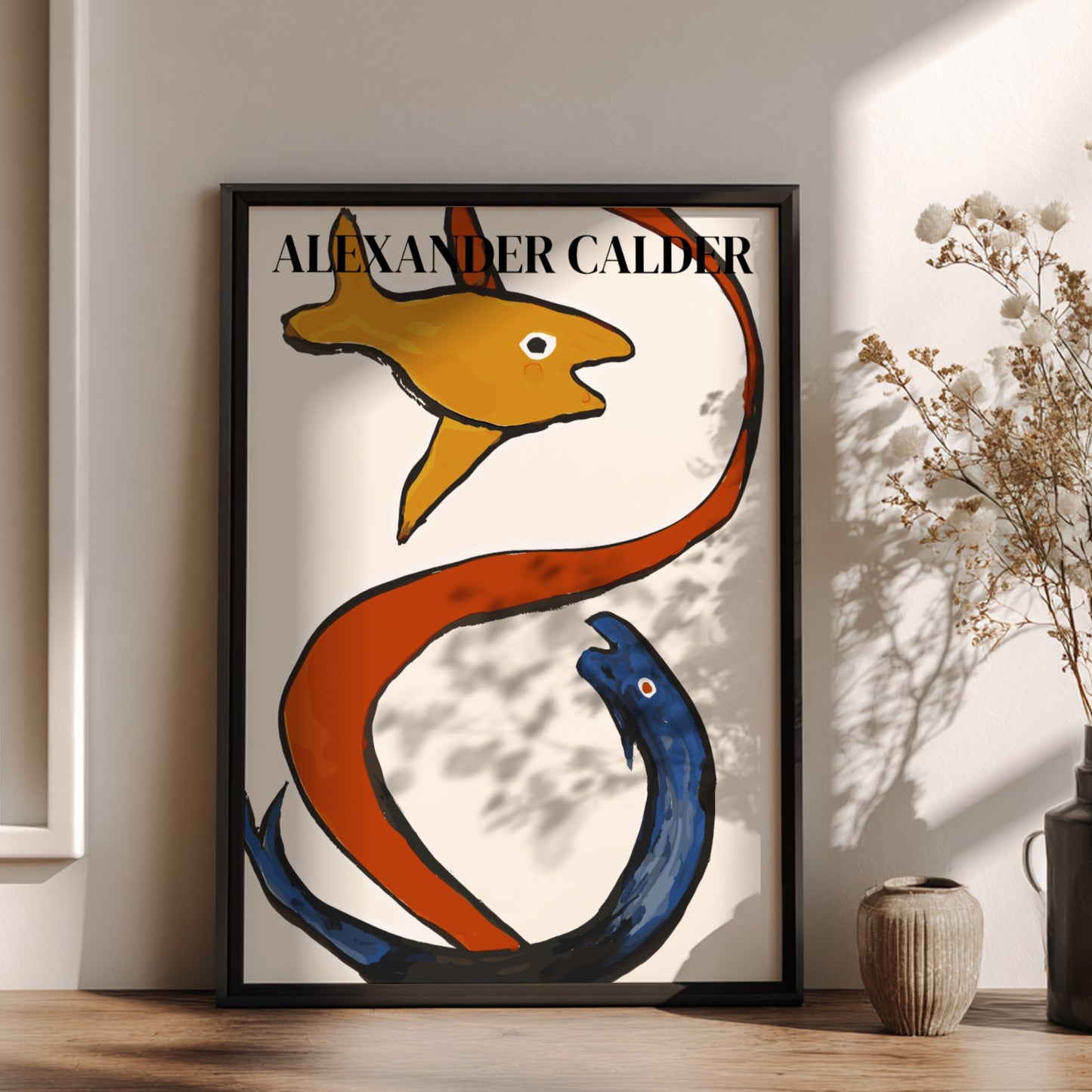 Poster of Alexander Calder's "Sea Creatures" drawing, featuring orange fish and blue sea creature with red