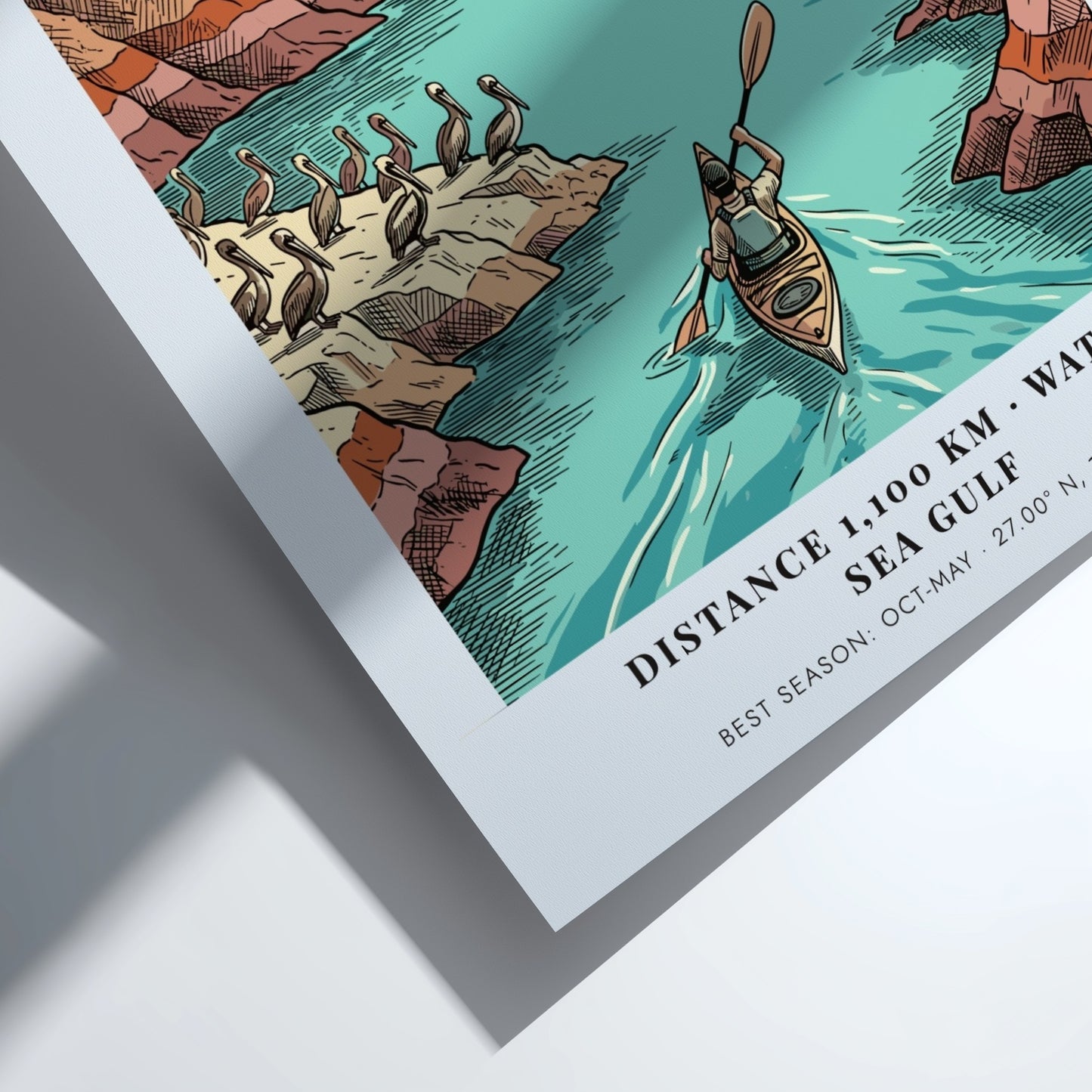 Poster featuring a kayaker in the Sea of Cortez near Baja California cliffs.